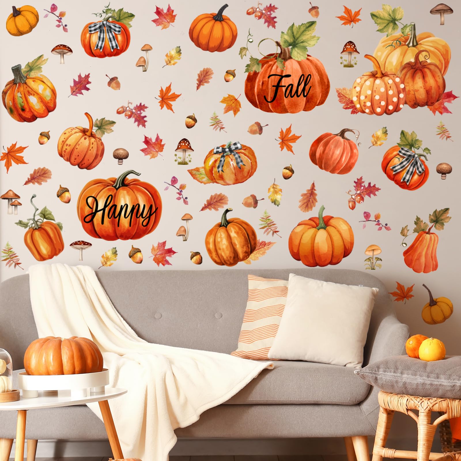 Eersida 6 Sheets 89 Pcs Thanksgiving Wall Decals Fall Oil Painting Pumpkin Wall Decals Maple Leaves Stickers for Thanksgiving Gl