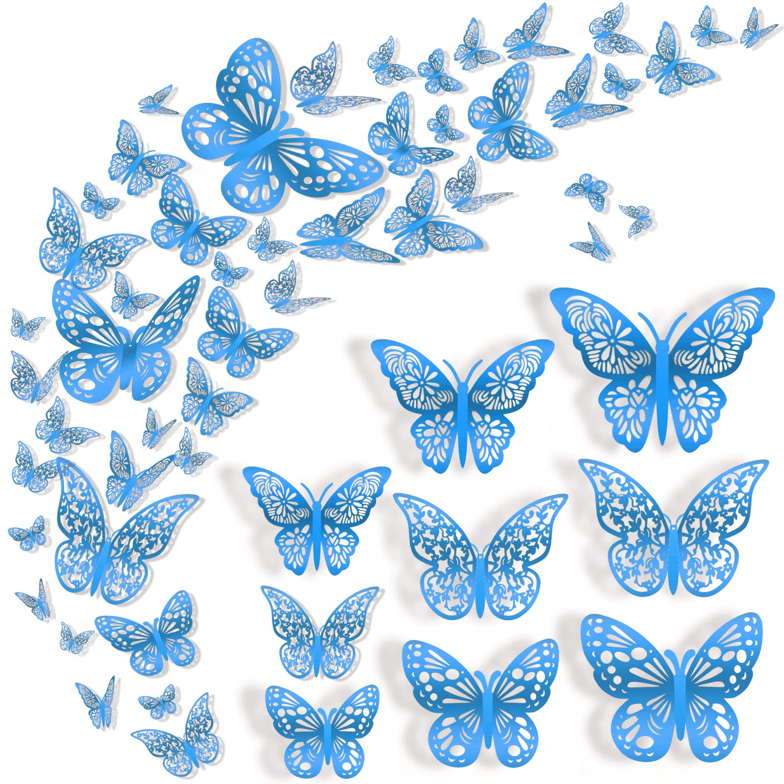 Butterfly 72 Pcs Wall Decor, 3 Styles 3 Sizes 3D Gold Butterfly, Blue Butterfly, Wedding Decorations, Birthday Party Decorations