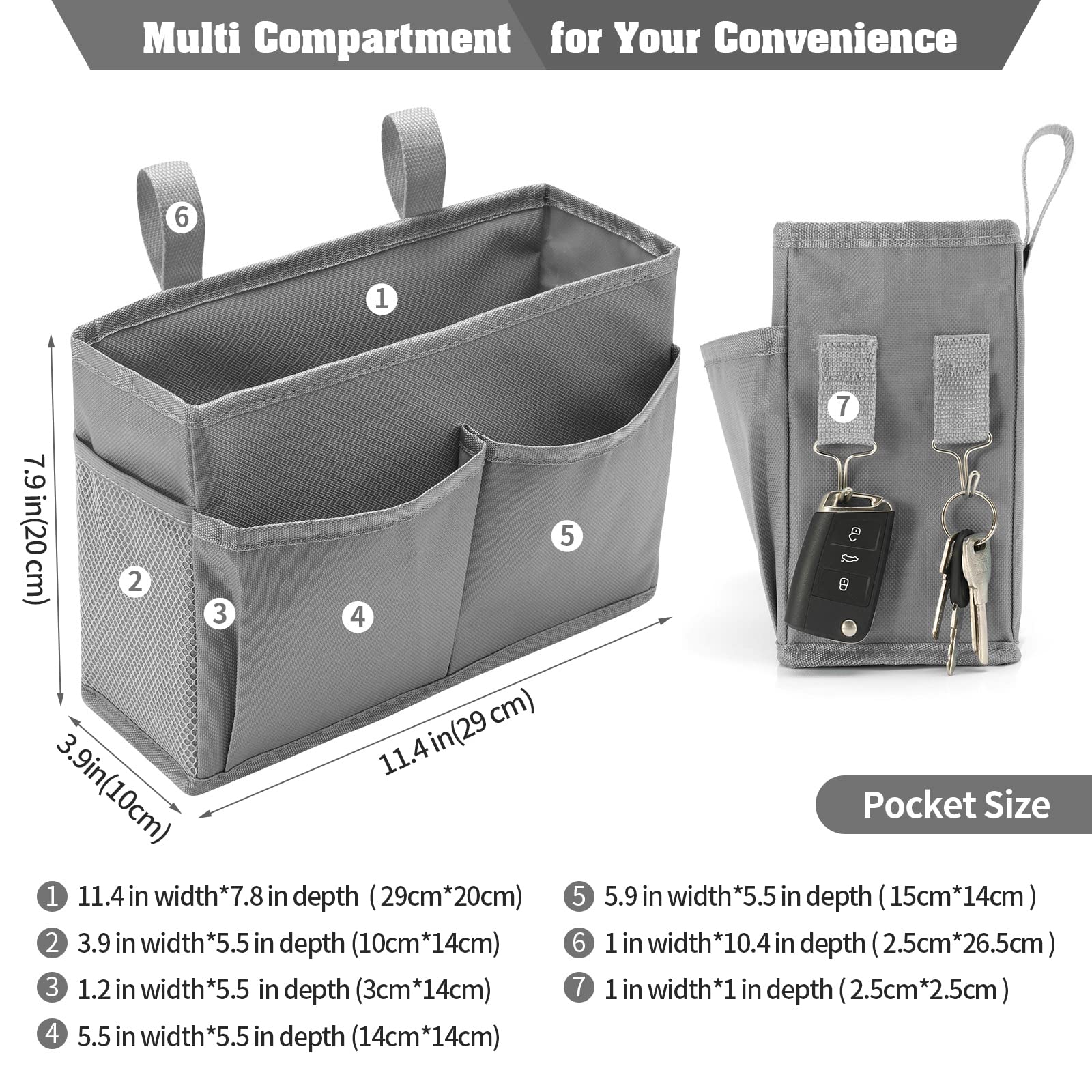 Bunk Bed Organizer, Bedside Caddy Hanging Bed Organizer Storage Bag with 4 Pockets and 2 Hooks, for College Dorm Rooms Bed, Hosp