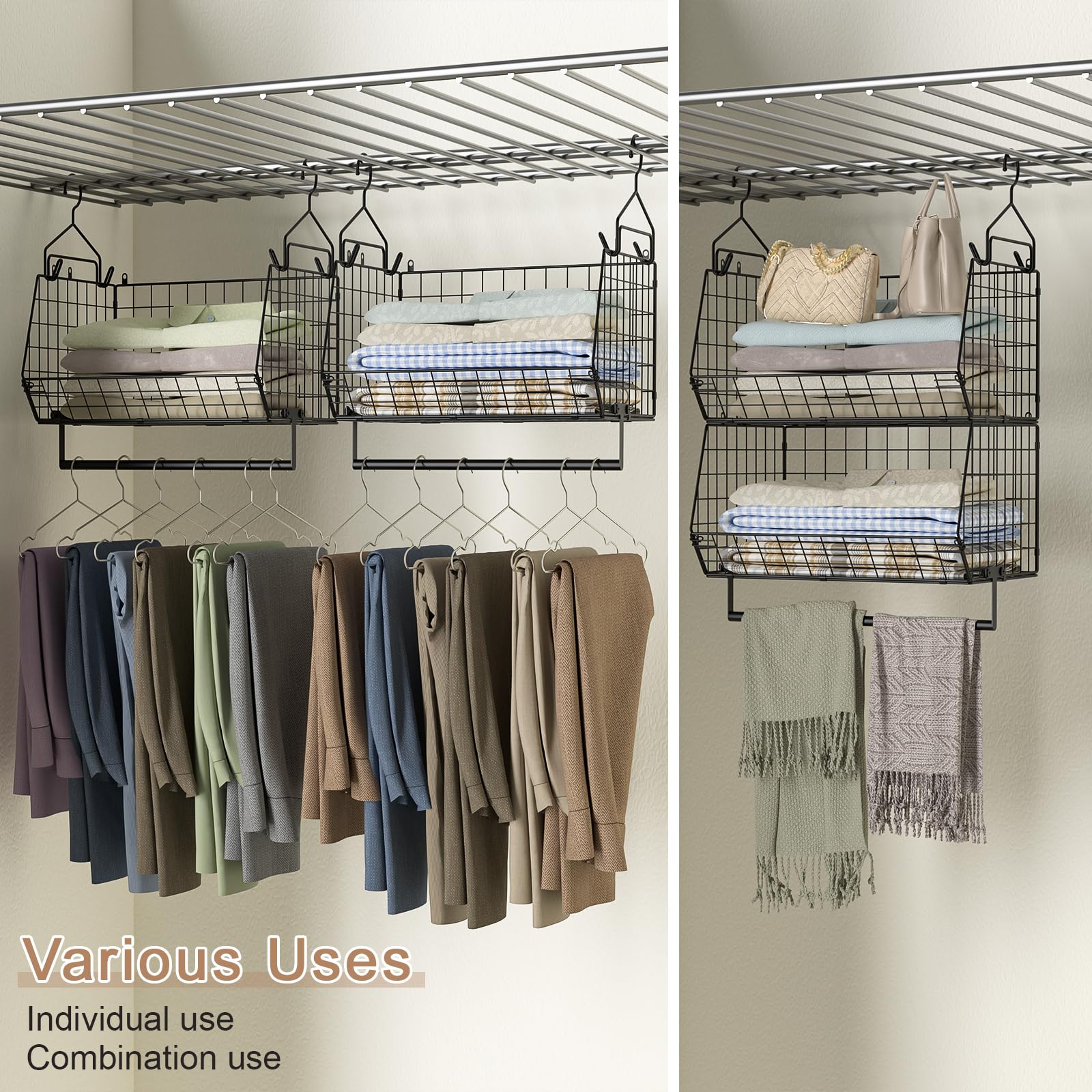 Yociyoga 2 Tier Closet Hanging Organizer With Rod, Foldable Hanging Closet Organizer, Hanging Closet Shelves With 4 Hooks,Wire H
