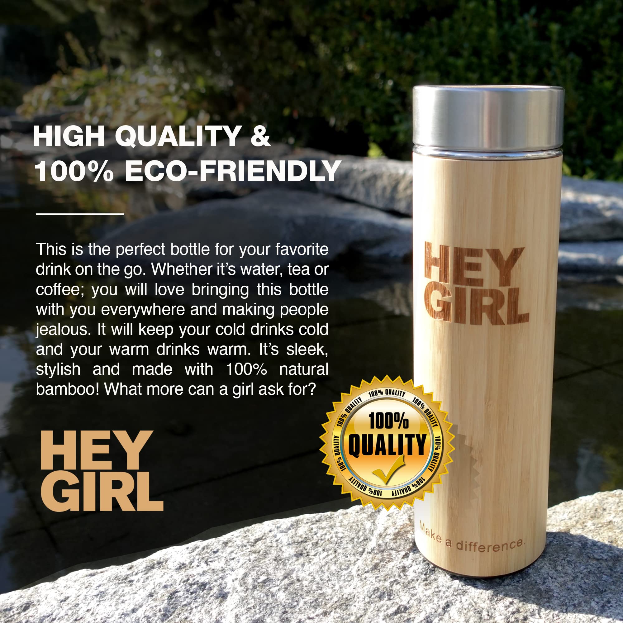 Hey Girl Bamboo Tea Infuser Bottle With Tea Strainer - Insulated Stainless Steel Water Bottle For Loose Leaf Tea & Coffee - Tea