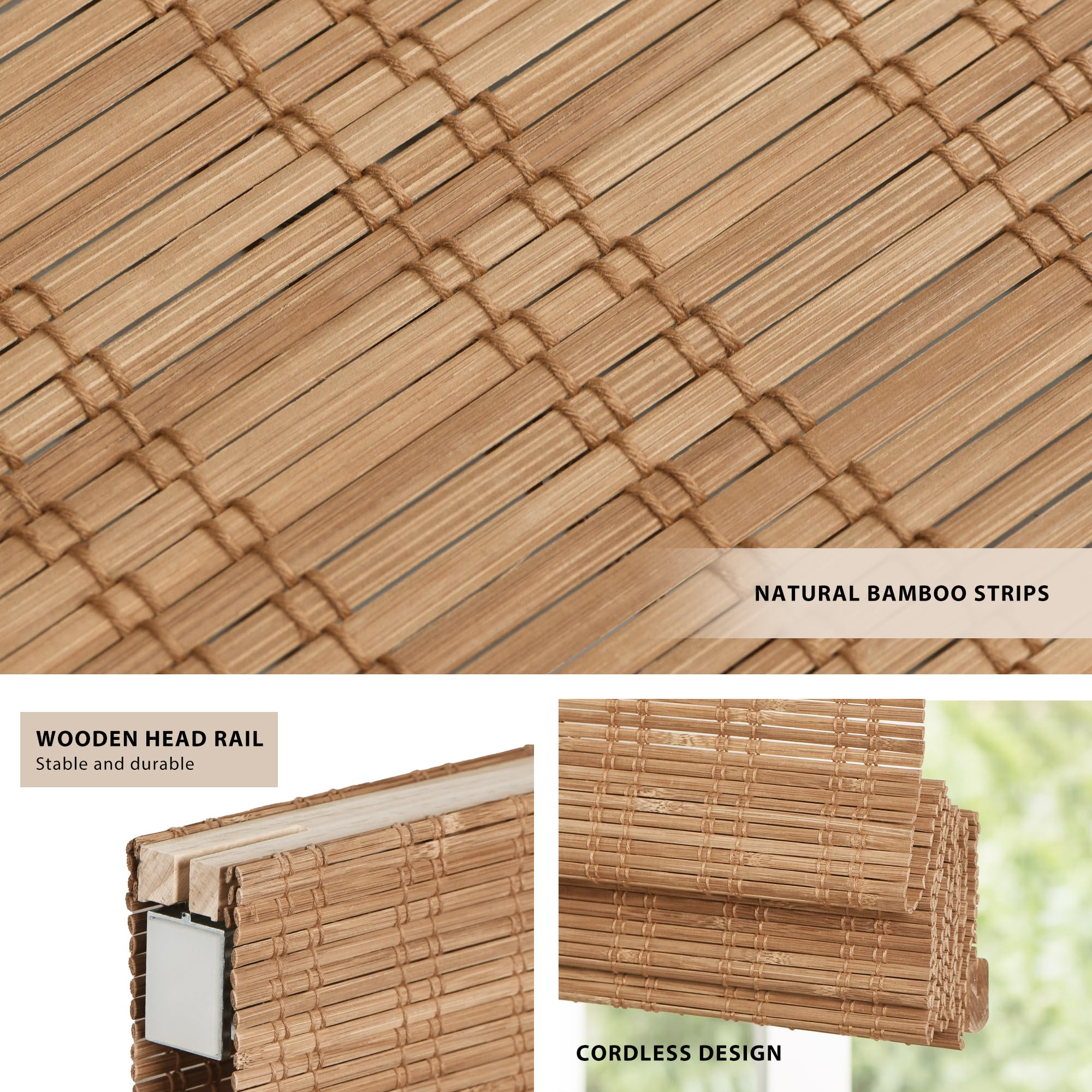 LazBlinds No Tools No Drill Cordless Bamboo Roman Shades, Light Filtering Window Treatment, Roll Up Bamboo Blinds for Windows 27