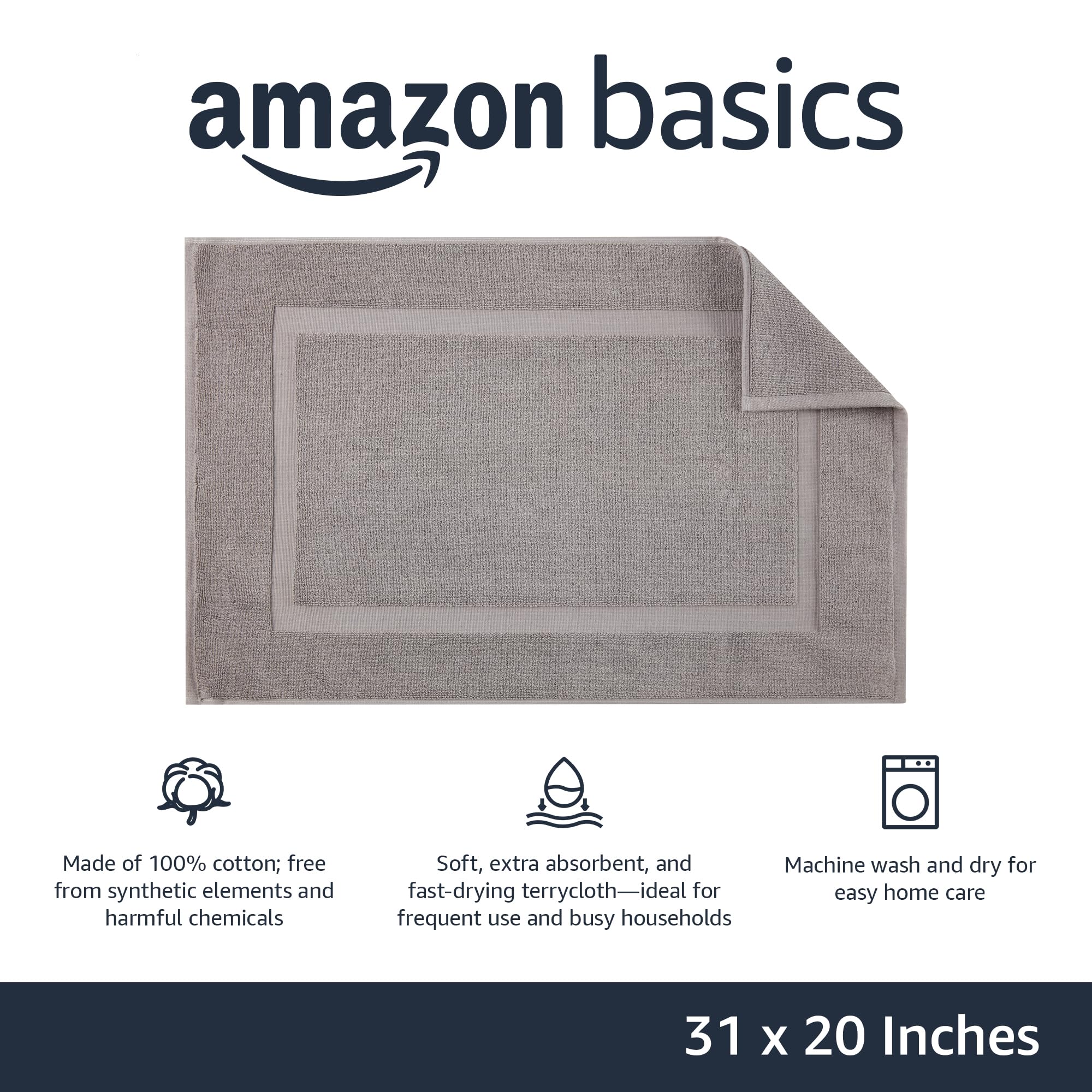 Amazon Basics Banded Bathroom Bath Rug Mat, Powder Gray, 31 Inches L X 20 Inches W