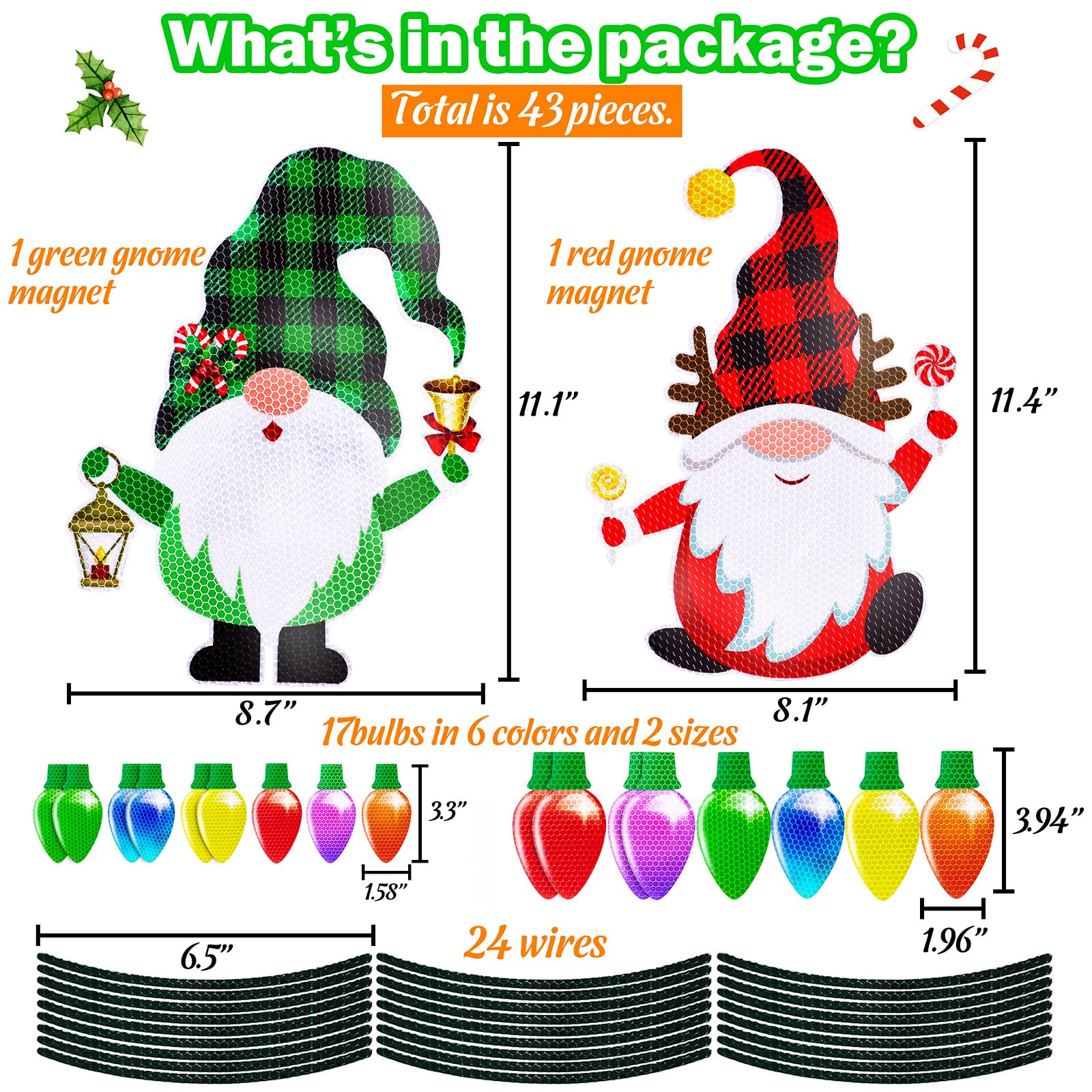 43Pcs Christmas Car Refrigerator Decorations - Reflective Bulb Light Gnome Magnet Accessories Set Xmas Holiday Cute Decor