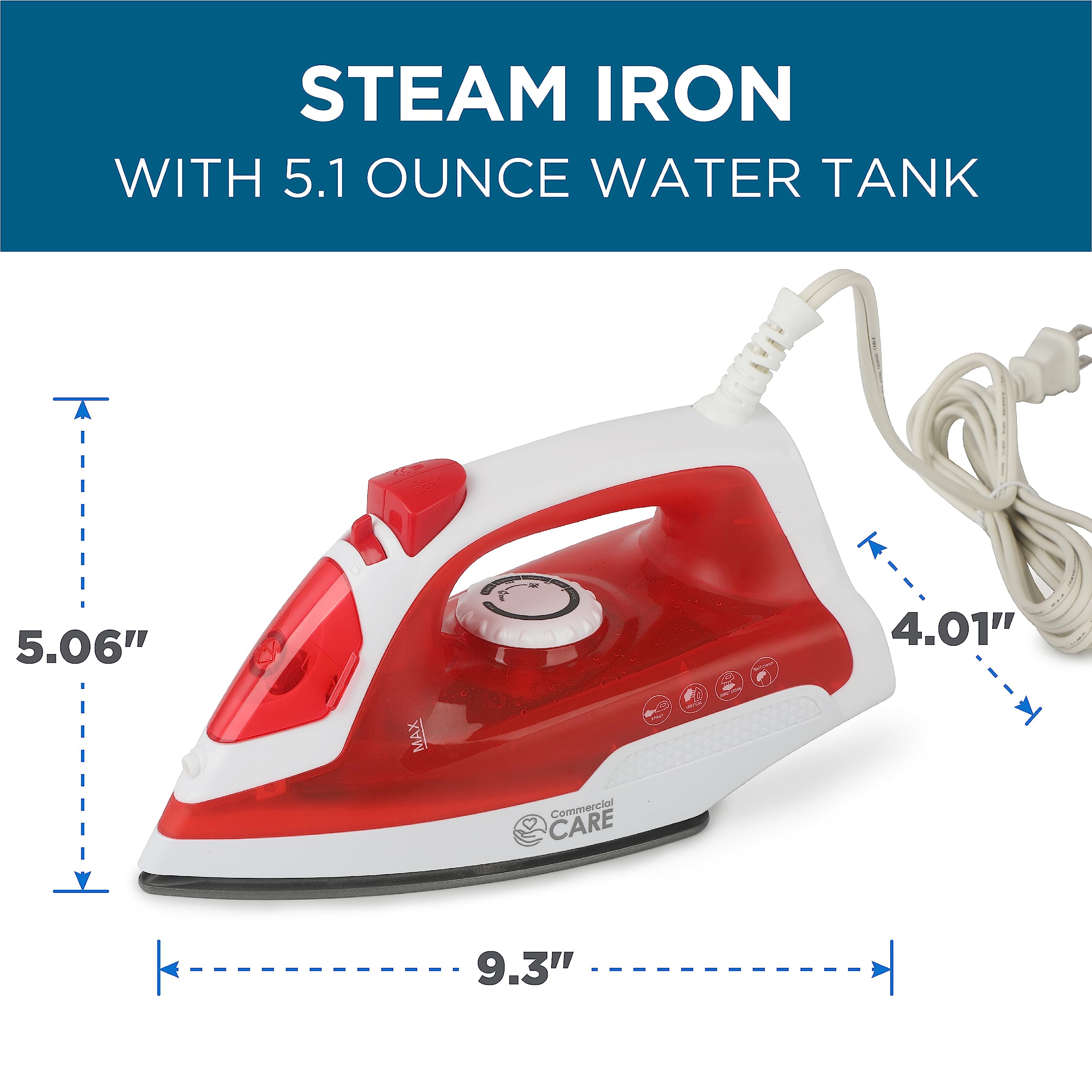 Commercial Care Steam Iron, 1200 Watt Portable Iron, Self-Cleaning Steamer For Clothes With Nonstick Soleplate, Red
