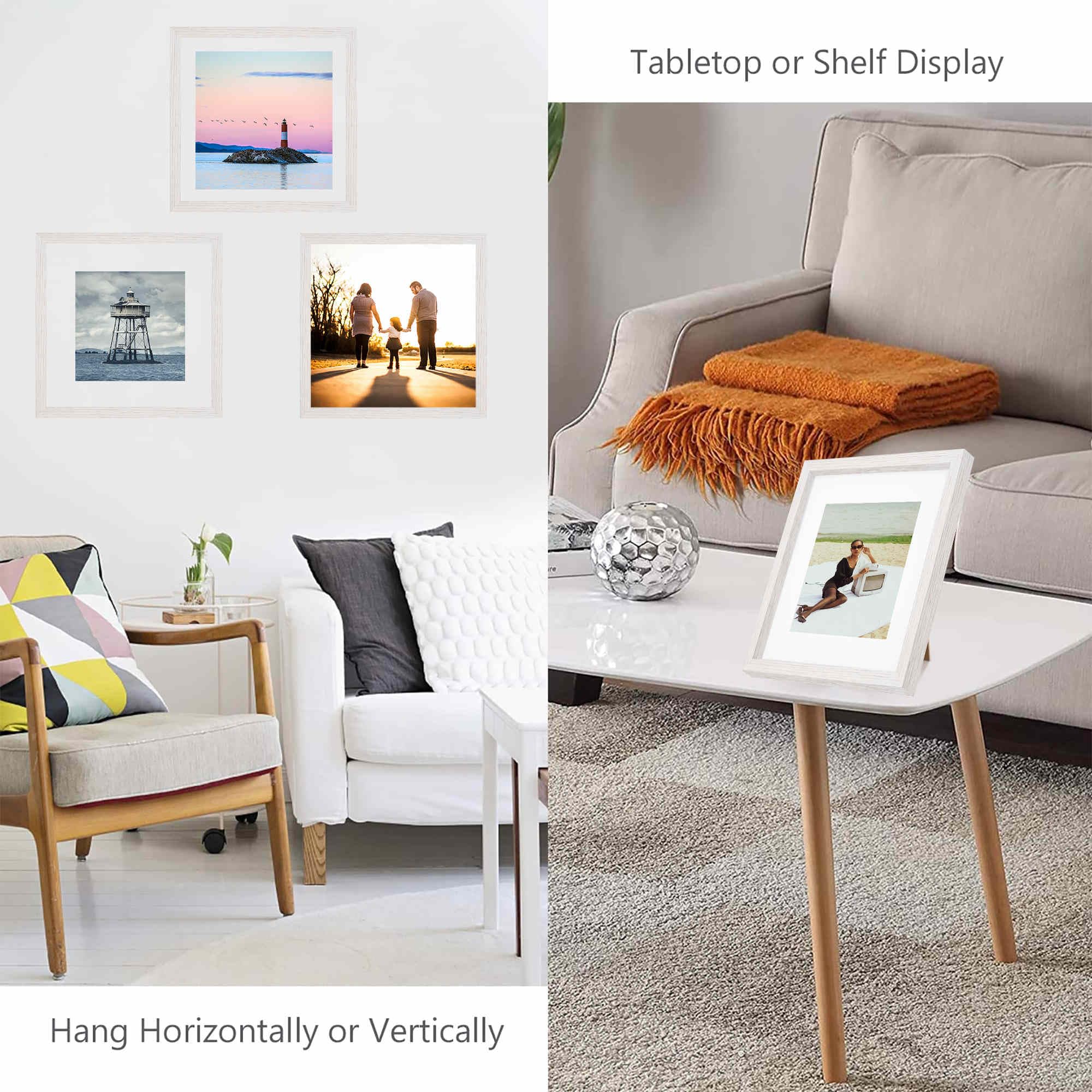 12x12 Picture Frame Set,Solid Wood,Not Glass,Display Pictures 8x8,10x10 with Mat or 12x12 Without Mat,Stable Sturdy Hanging Pict