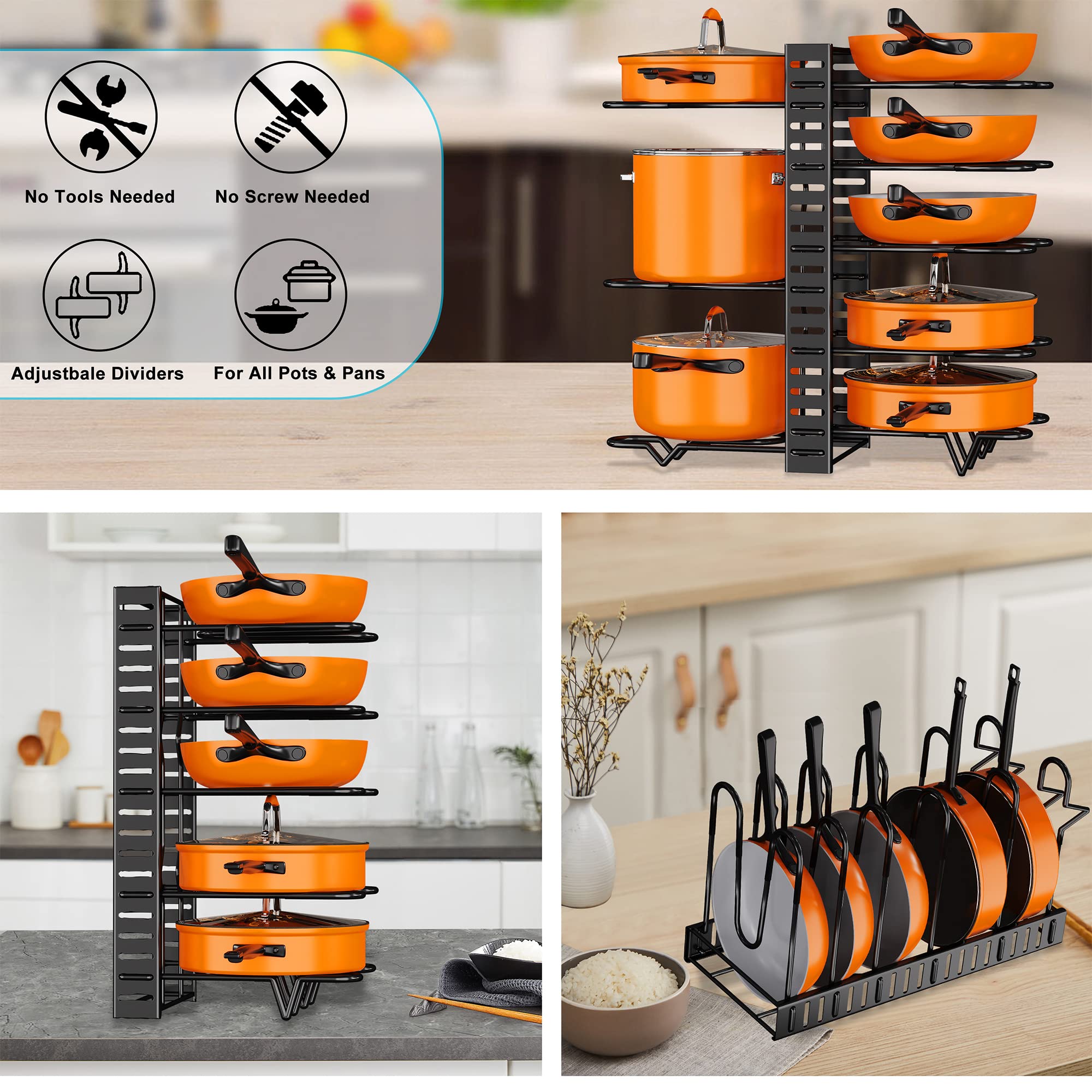 Zhoho Tant Pots And Pans Organizer For Cabinet Upgraded Pots And Pans Organizer Rack For Kitchen Storage Larger Size Pot Lids Or