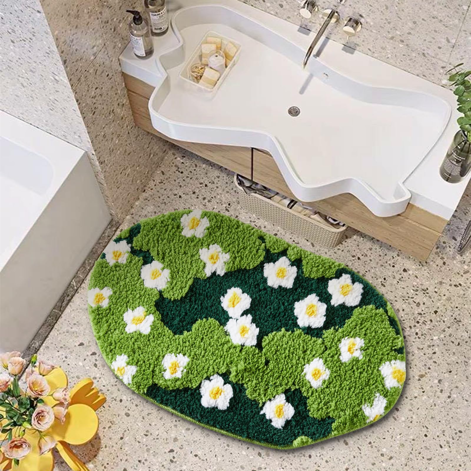 Ouyattle Cute Green Floral Bath Mat Microfiber Moss Bathroom Rug 16''W X 24''L Non Slip Washable, Modern Chic Boho Aesthetic Tre