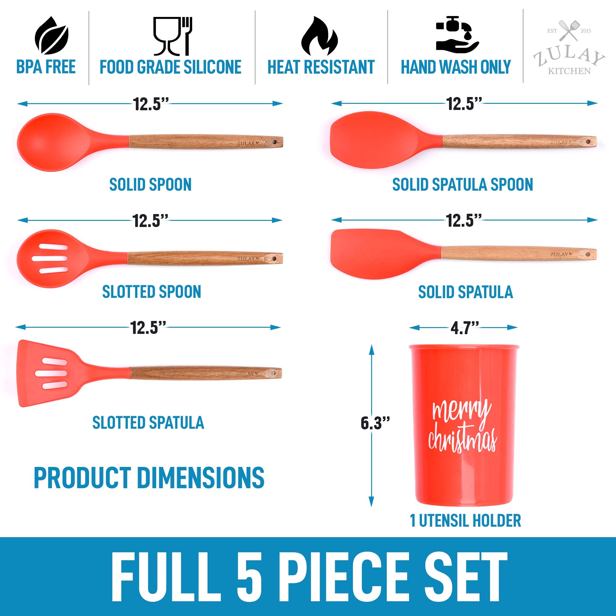 Zulay Kitchen Non-Stick Silicone Utensils Set (5-Piece) With Authentic Acacia Wood Handles & Utensil Holder - Silicone Cooking U