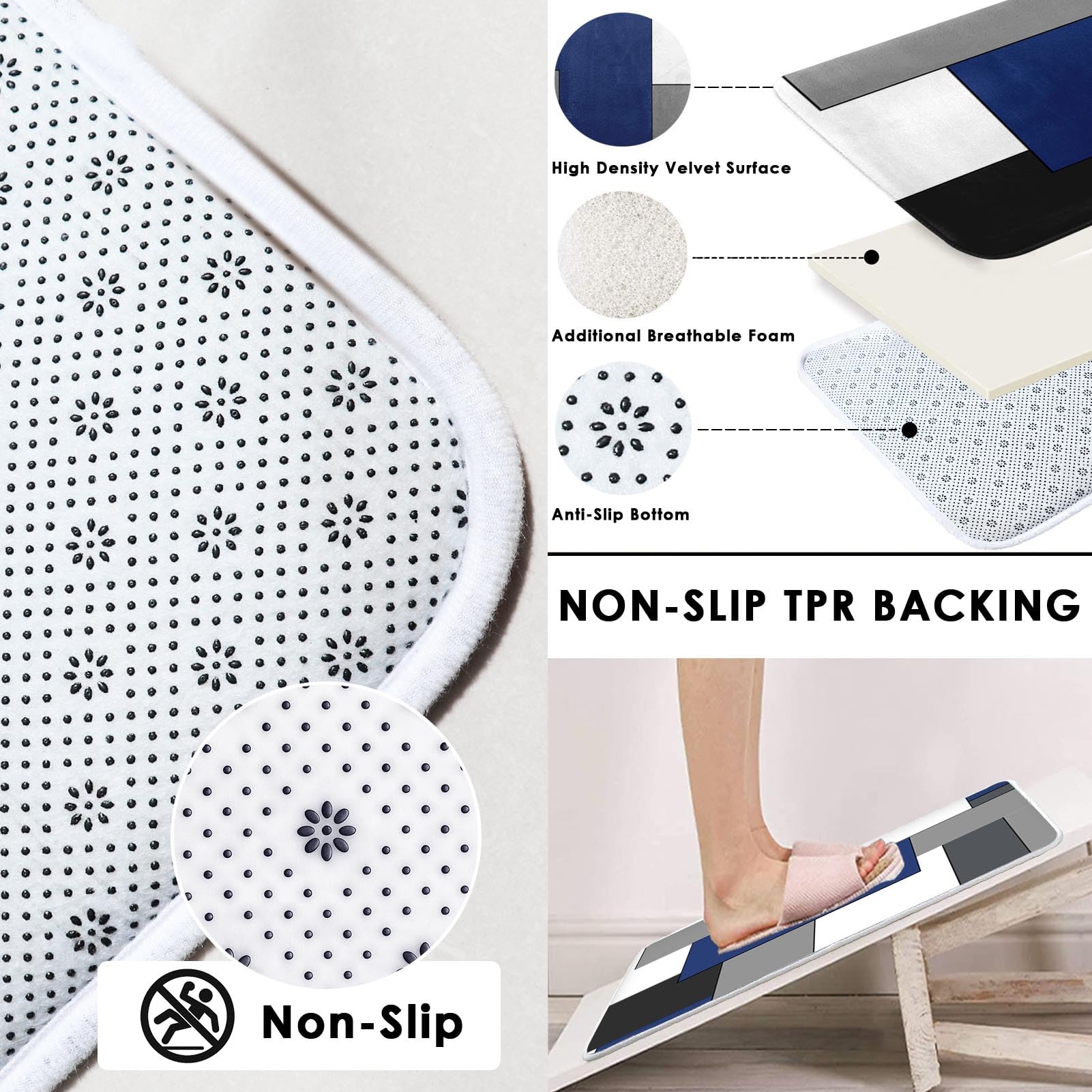 Tayney Navy Blue Geometric Shower Curtain Set with Toilet Lid Cover and Non-Slip Rugs  Black White Grey Checkered 4 Pcs Modern Shower Curtain for Bathroom Set with 12 Hooks