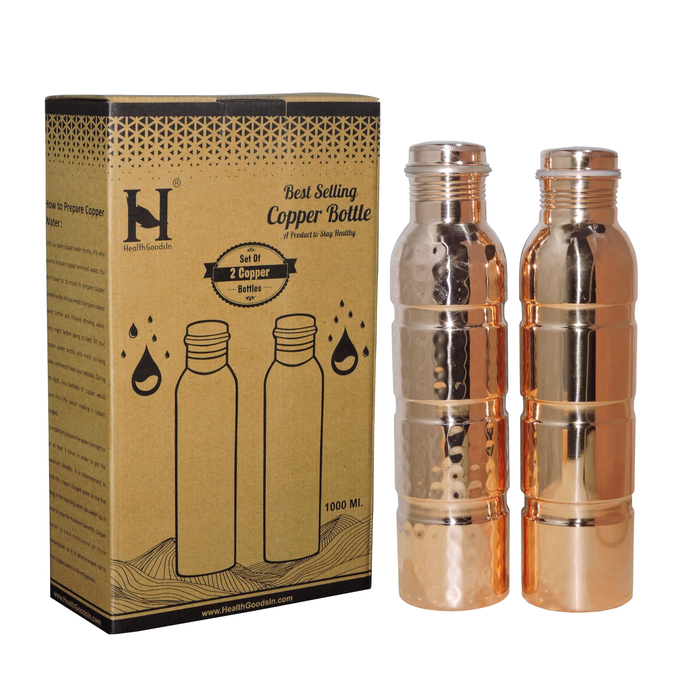 Set of 2 Copper Water Bottles Seamless For Ayurveda Health Benefits  1000 Ml (33.81 Fl Oz)