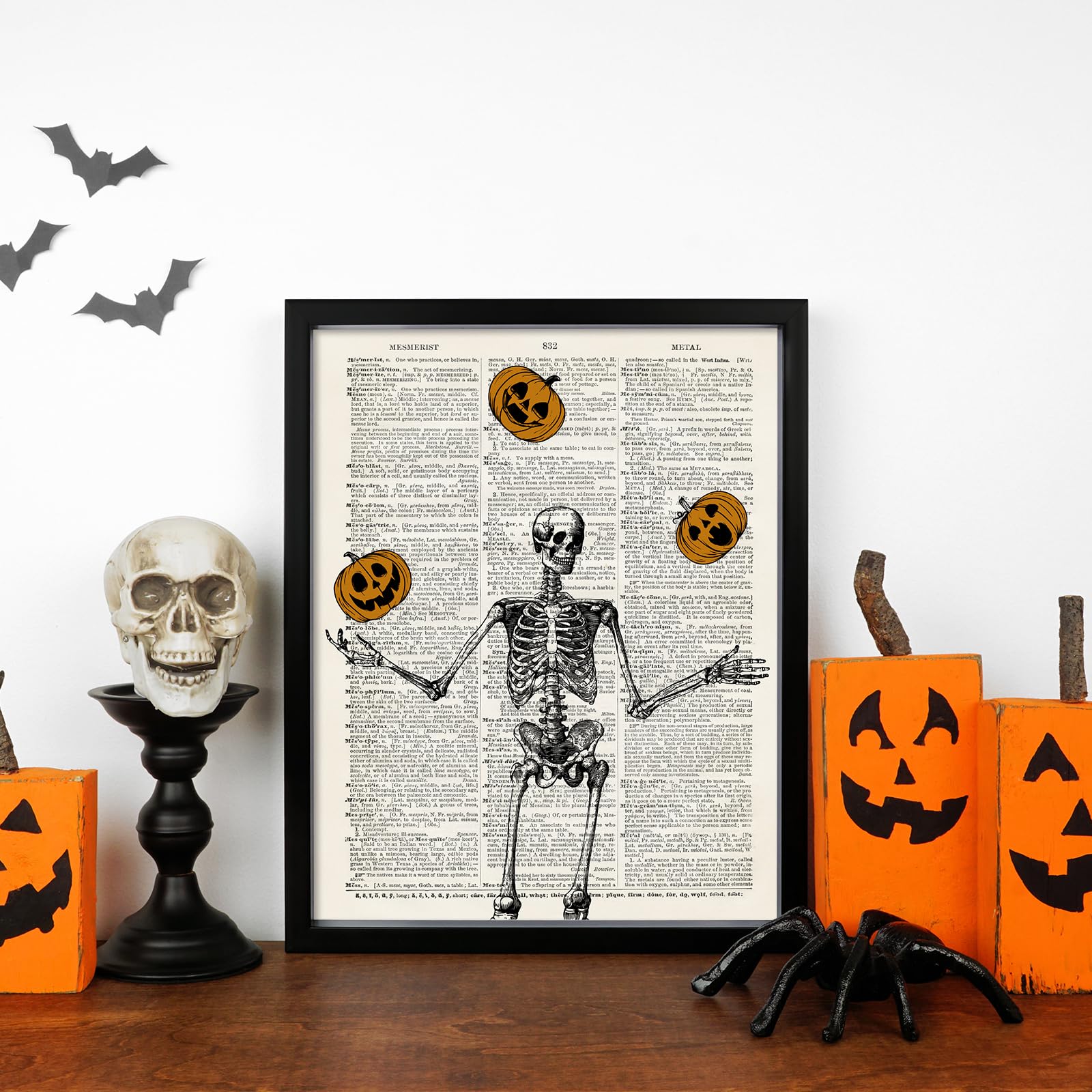 Whaline 6Pcs Halloween Skeleton Wall Art Prints 11 X 14 Inch Spooky Gothic Wall Art Poster Bat Witch Halloween Vintage Wall Deco