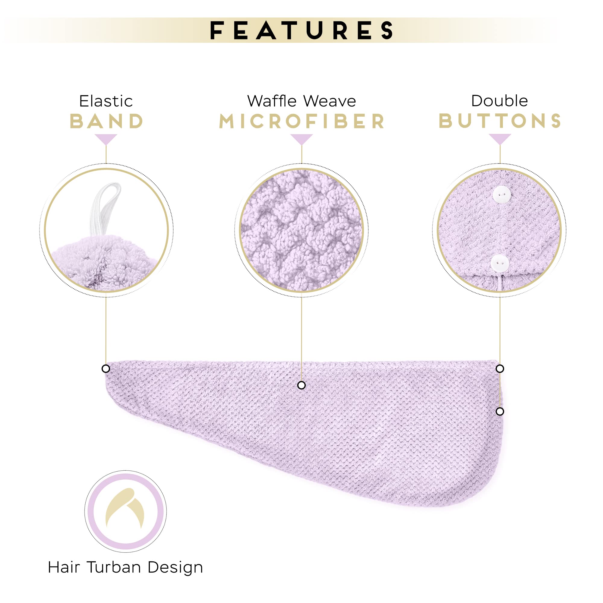 Microfiber Hair Towel for All Hair Style, 2 Pack Quick Drying Hair Turban - Perfect for Women, Men and Kids (Light Purple)