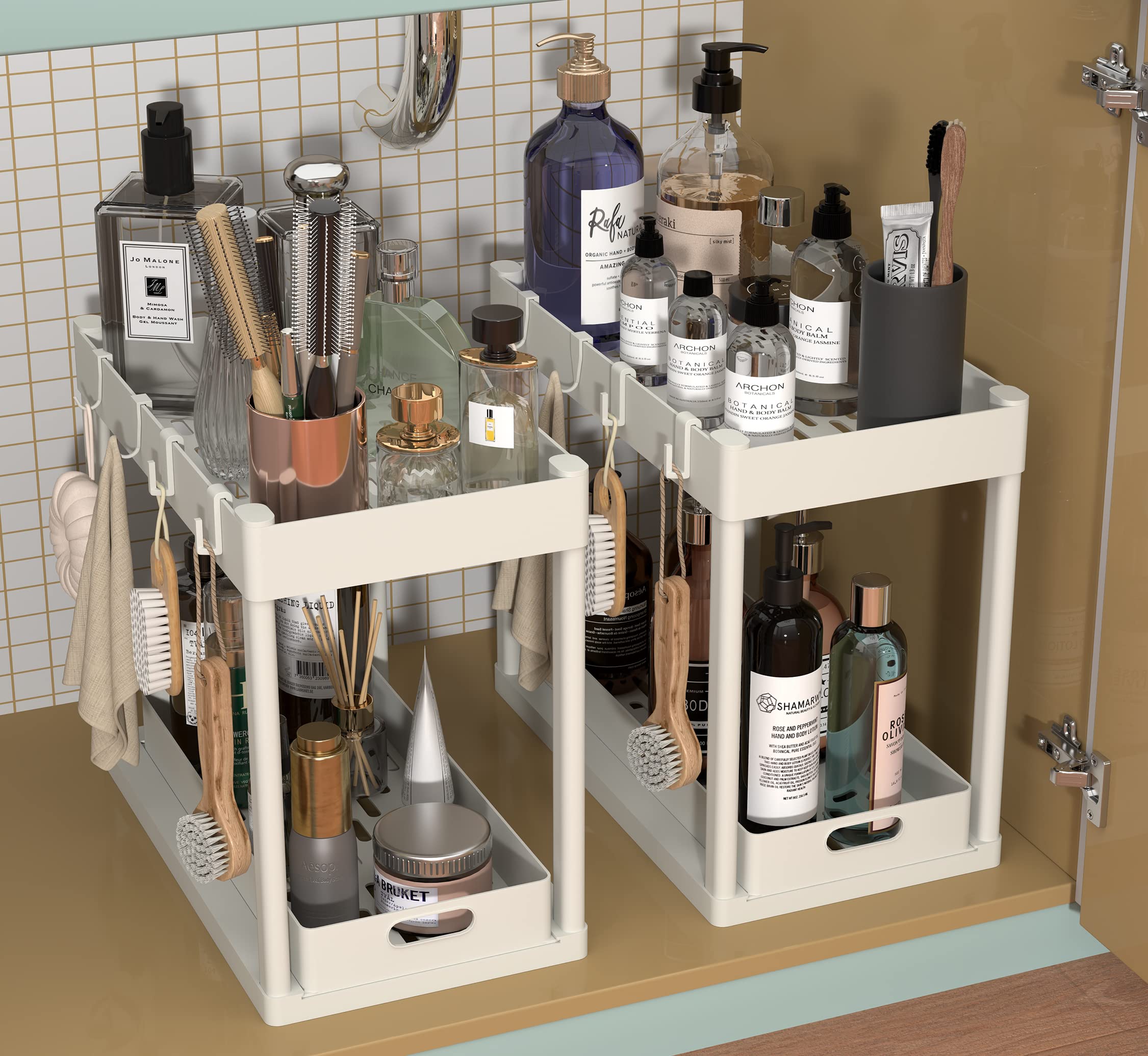 2Pc Under Sink Organizer Rack 2 Tier Under Sliding Cabinet Basket Organizer Drawer With 4 Hooks, Multi-Purpose Under Sink Storag
