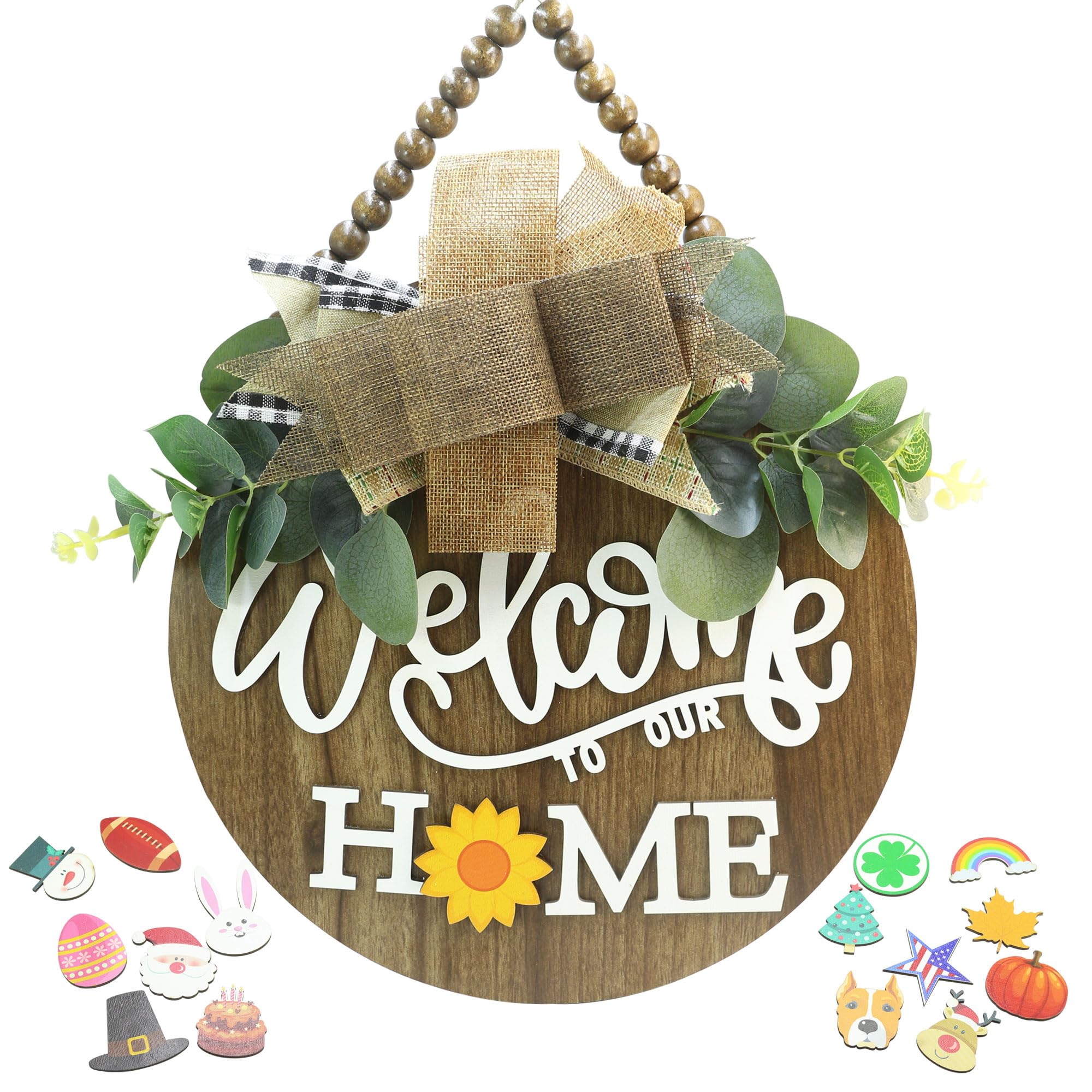 Condorpasea interchangeable 3D Welcome Sign for Front Door |Home/Farmhouse Porch D  cor Wooden Hanging Sign with Artificial Leav
