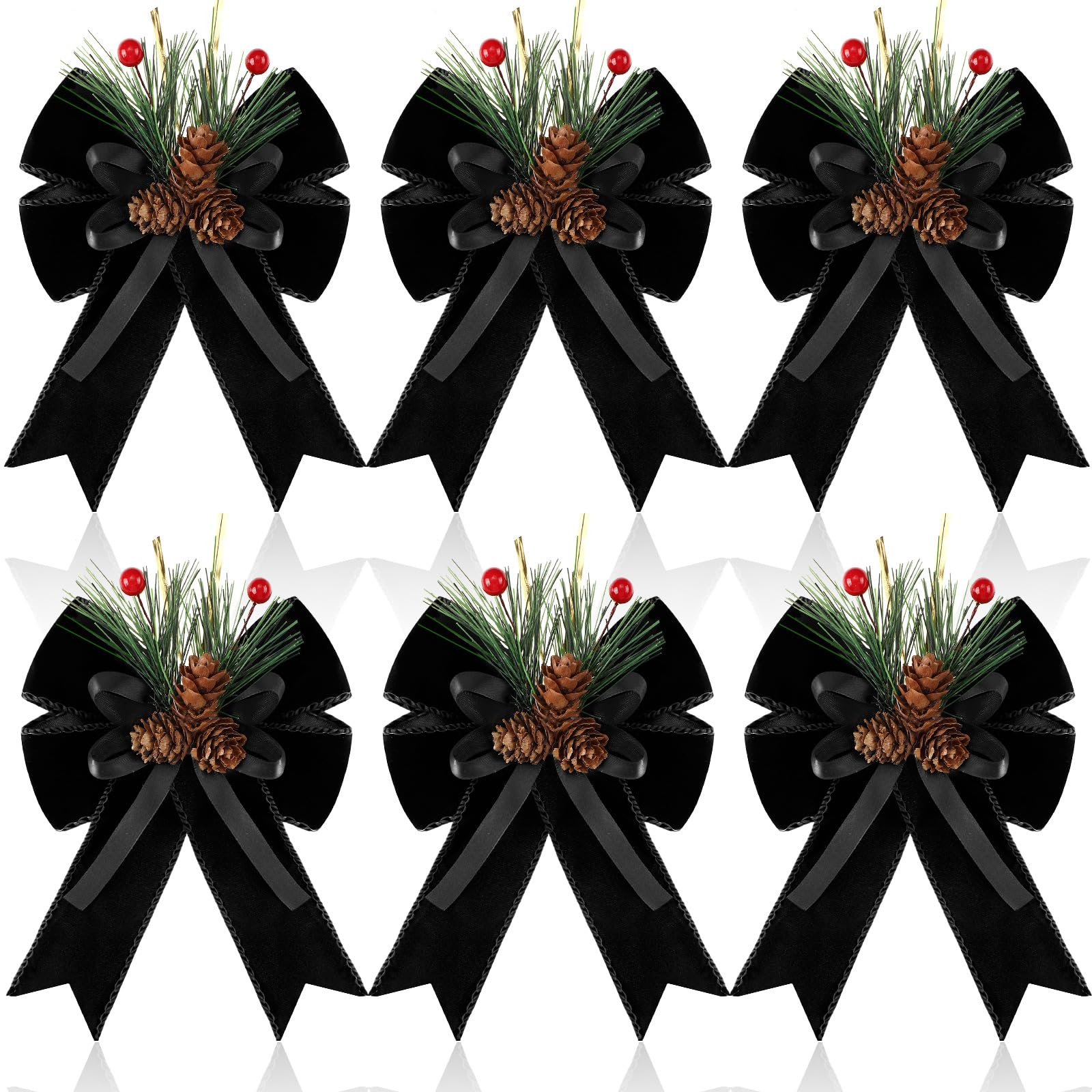 Syhood 6 Pcs Christmas Bows with Pine Cones Pine Needles Black Xmas Velvet Bows Elegant Ribbon Christmas Tree Wreath Decoration 