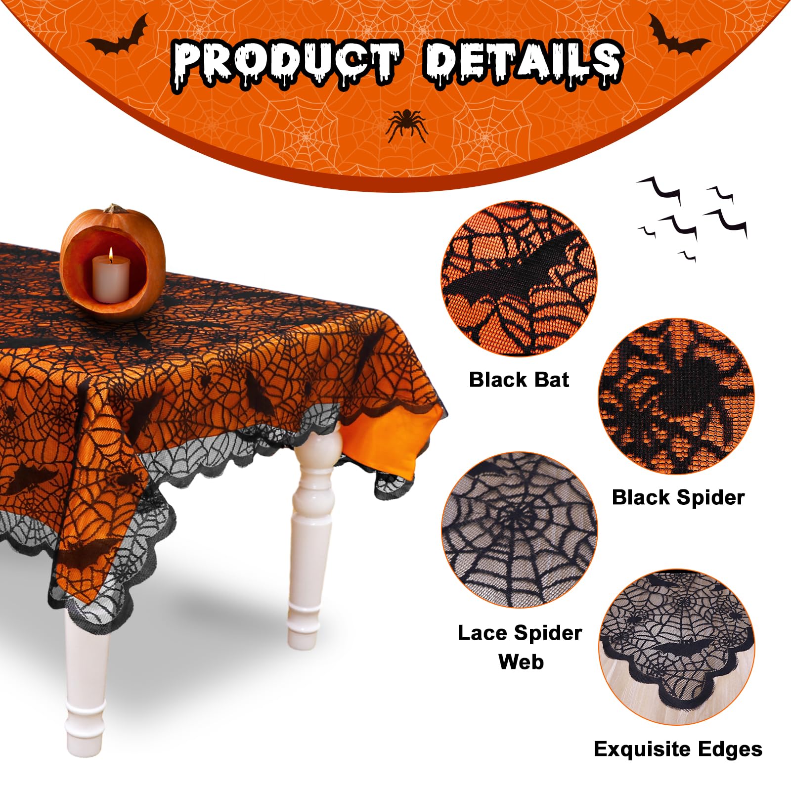 Ourwarm 2Pcs Halloween Tablecloth, Rectangular Polyester Black Lace & Orange Lined Tablecloth, Spider Web Table Cover For Scary