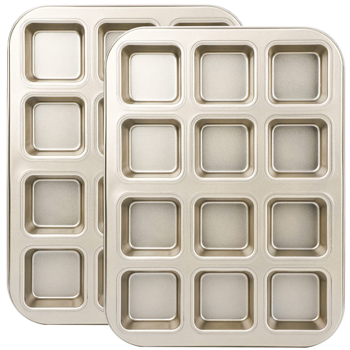 Beasea Brownie Pan With Dividers, 2 Set Gold All Edges Square Cupcake Brownie Pans 12 Mini Cavity Non Stick Baking Carbon Steel