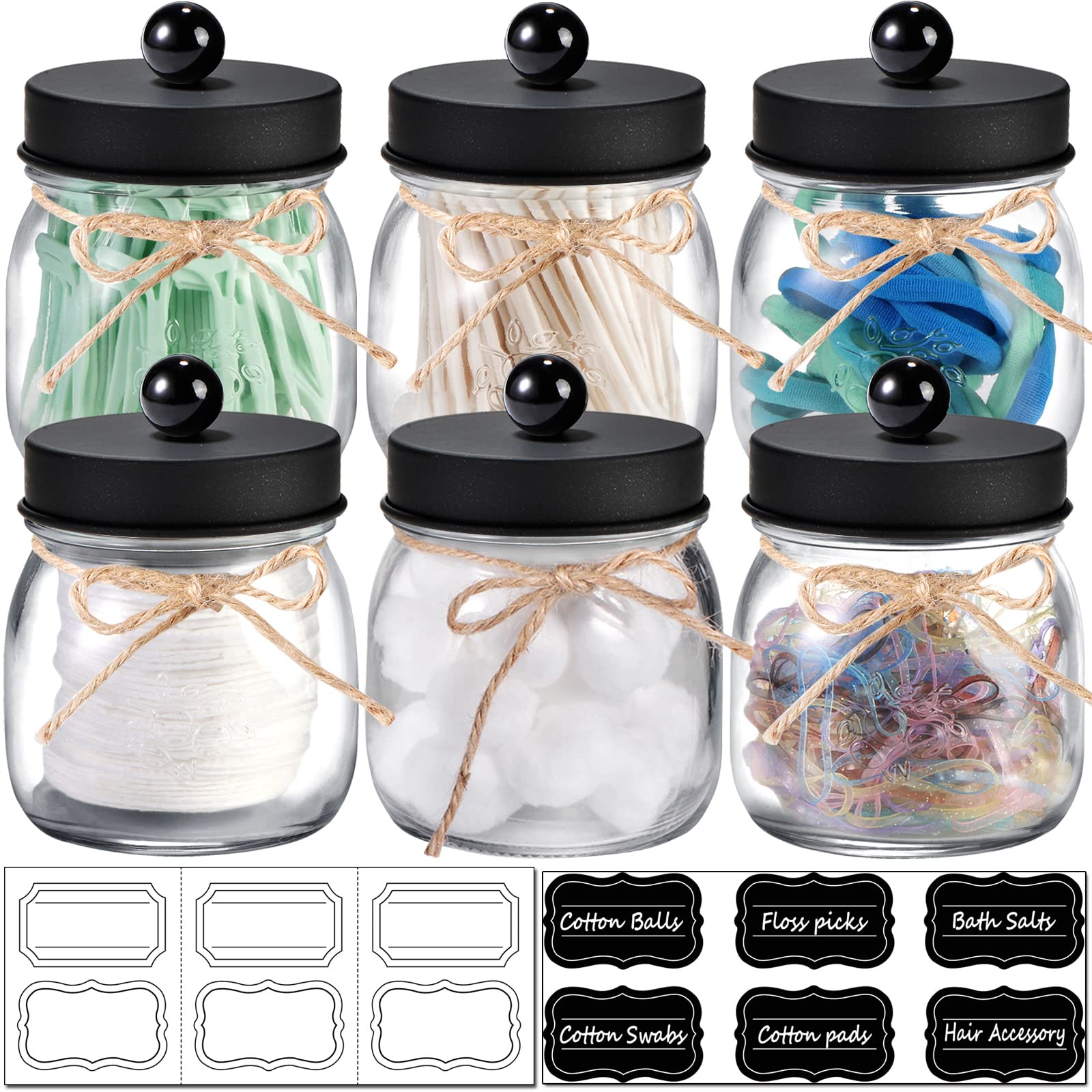 SheeChung 6 Pack Qtip Holders with Labels, Bathroom Organizers and Storage, Bathroom Decor, Apothecary Jars with Lids, Small Mas