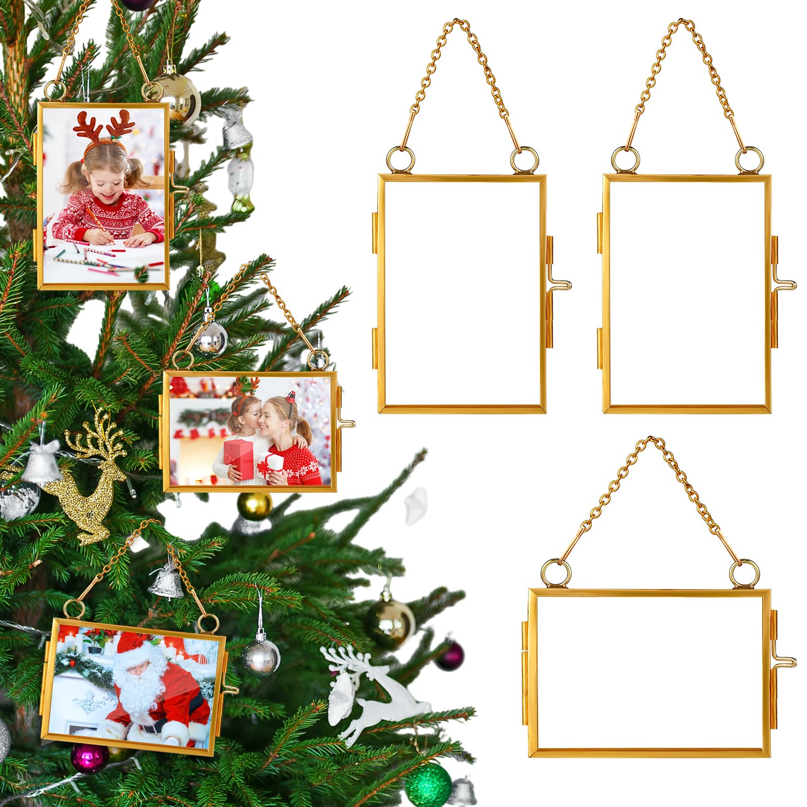 Qunclay 6 Pcs 2x3    3x2    Christmas Brass Picture Frame Ornaments Xmas Metal Double Glass Hanging Photo Frame with Metal Chain