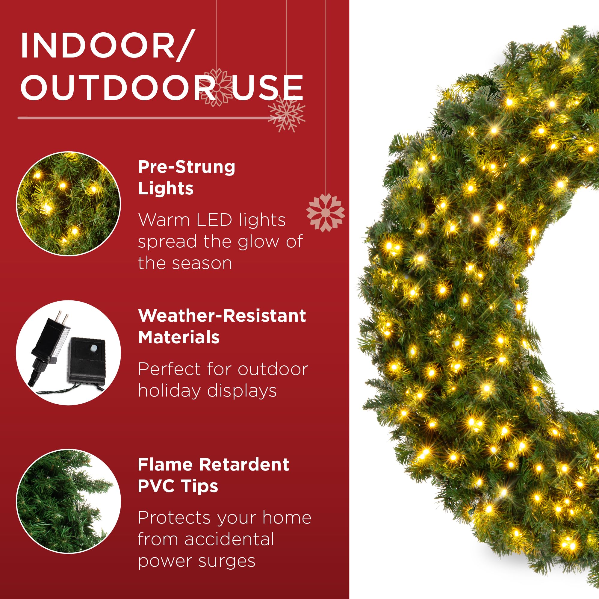 Best Choice Products 24in Large Artificial Pre-Lit Fir Christmas Wreath Holiday Accent Decoration w/ 50 LED Lights, 100 PVC Tips