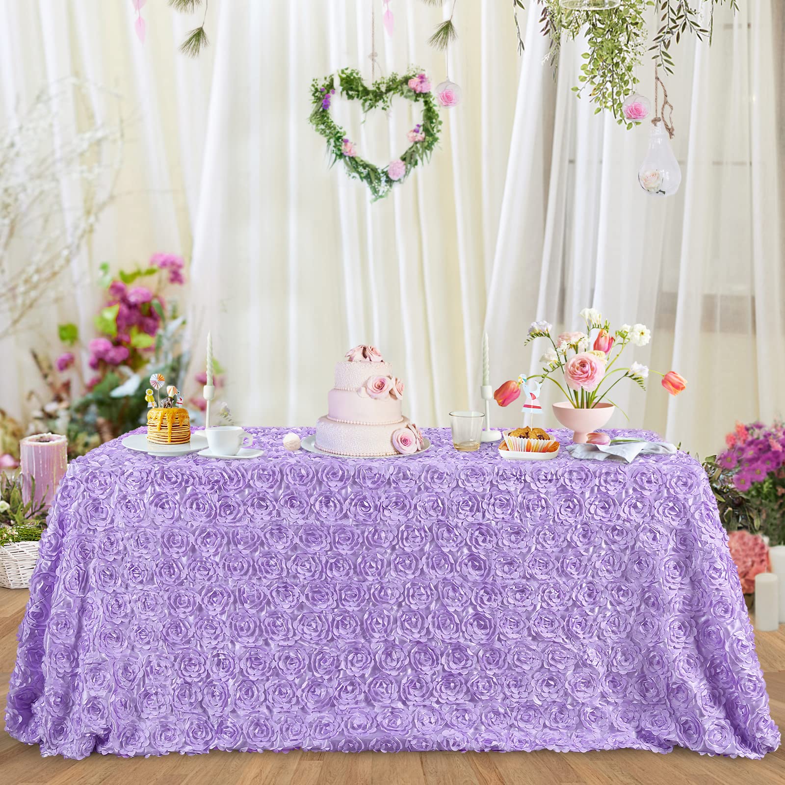 Fanqisi 50X102 Inches Rosette Satin Tablecloth Lavender Rosette Tablecloth 3D Rosette Table Line Rectangle Table Cover Wedding P