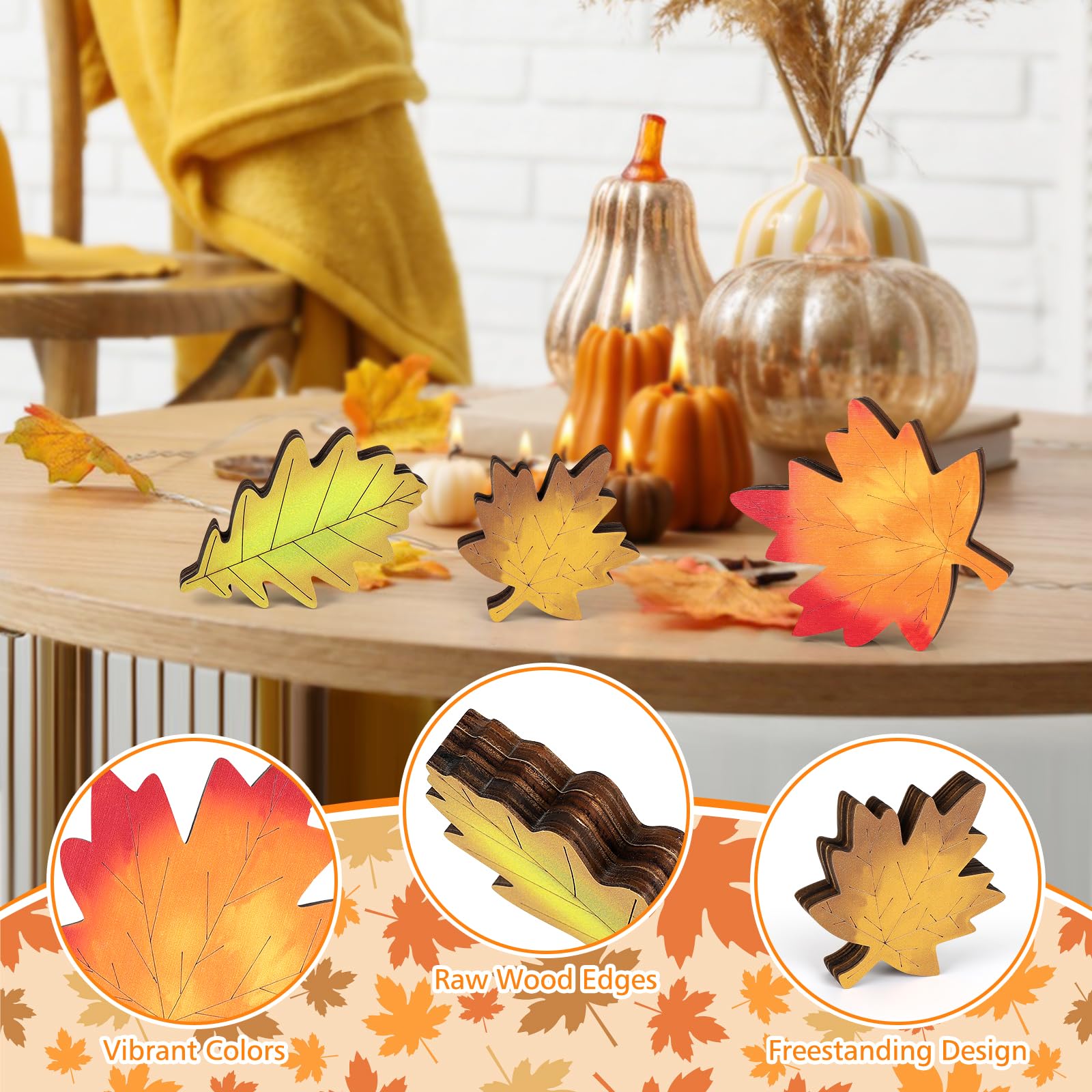 Thanksgiving Decorations for Home - 3 Pcs Fall Rustic Maple & Oak Leaf Wooden Table Decor, Autumn Farmhouse Signs for Mantel, Sh