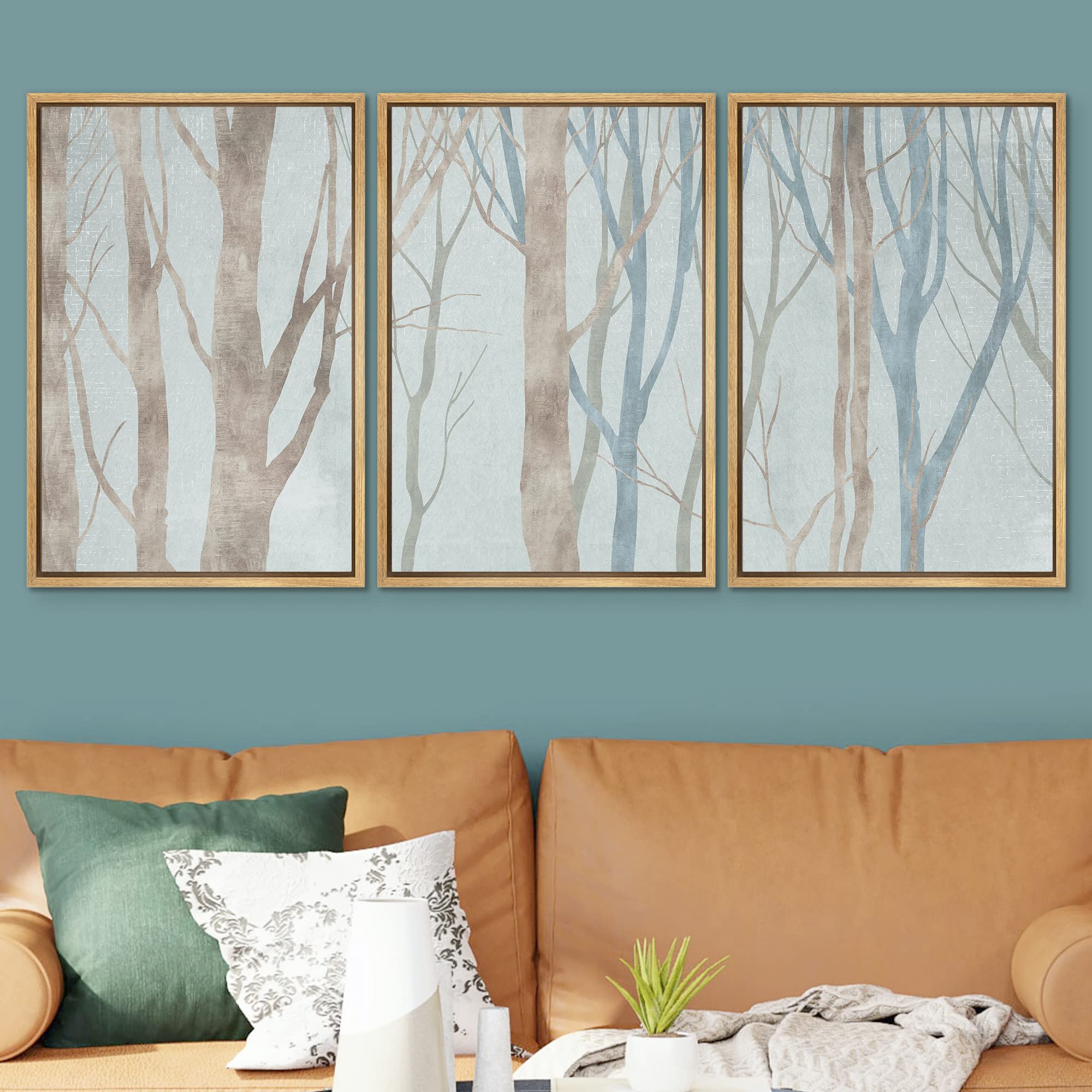 Signwin Framed Canvas Print Wall Art Set Pastel Watercolor Winter Forest Trees Places Country Illustrations Modern Bohemian Scen