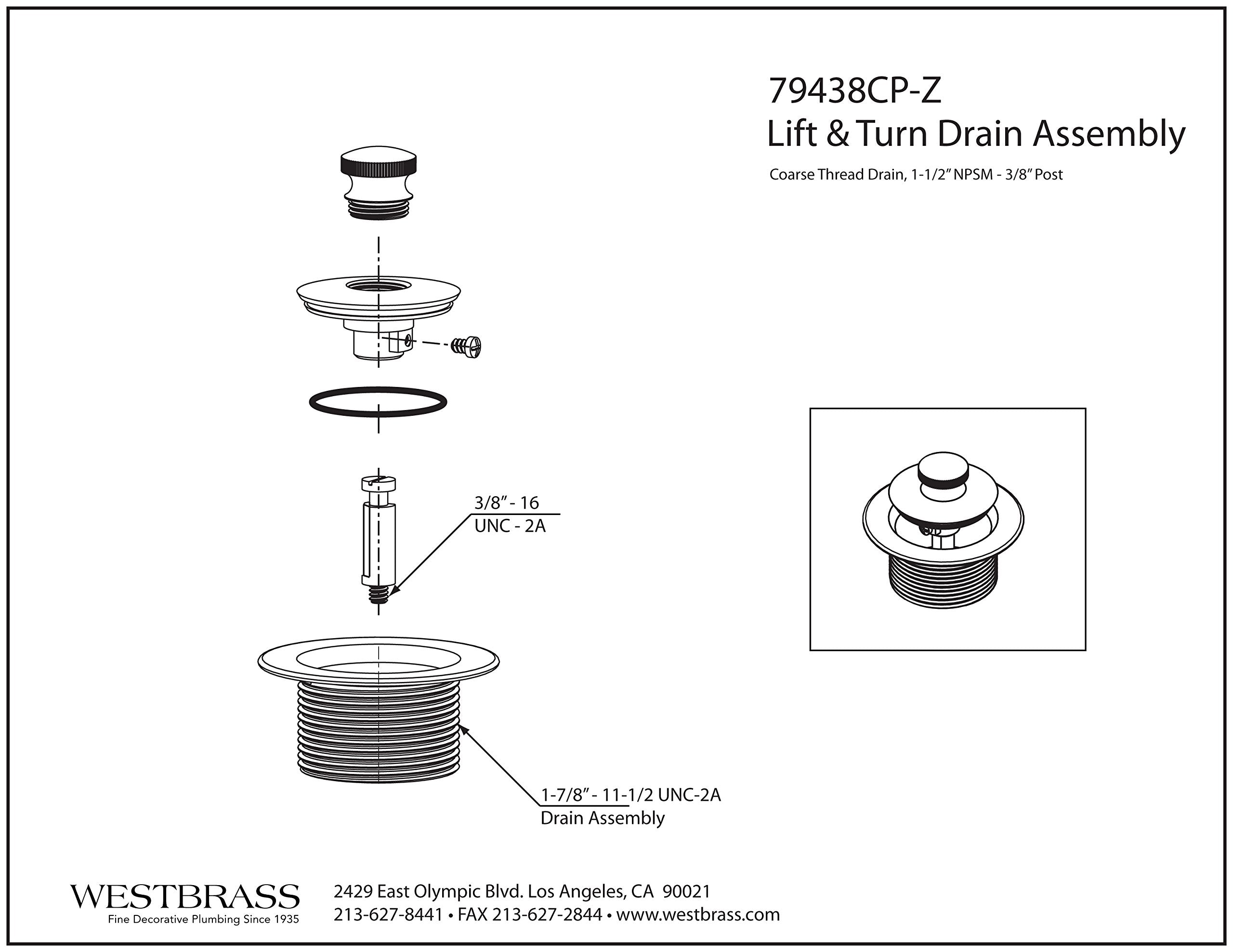 Westbrass 1-1/2'' Npsm (1-7/8''-11.5 Unc-2A) Coarse Thread Twist & Close Bath Drain Plug, Chrome, 79438Cp-Z