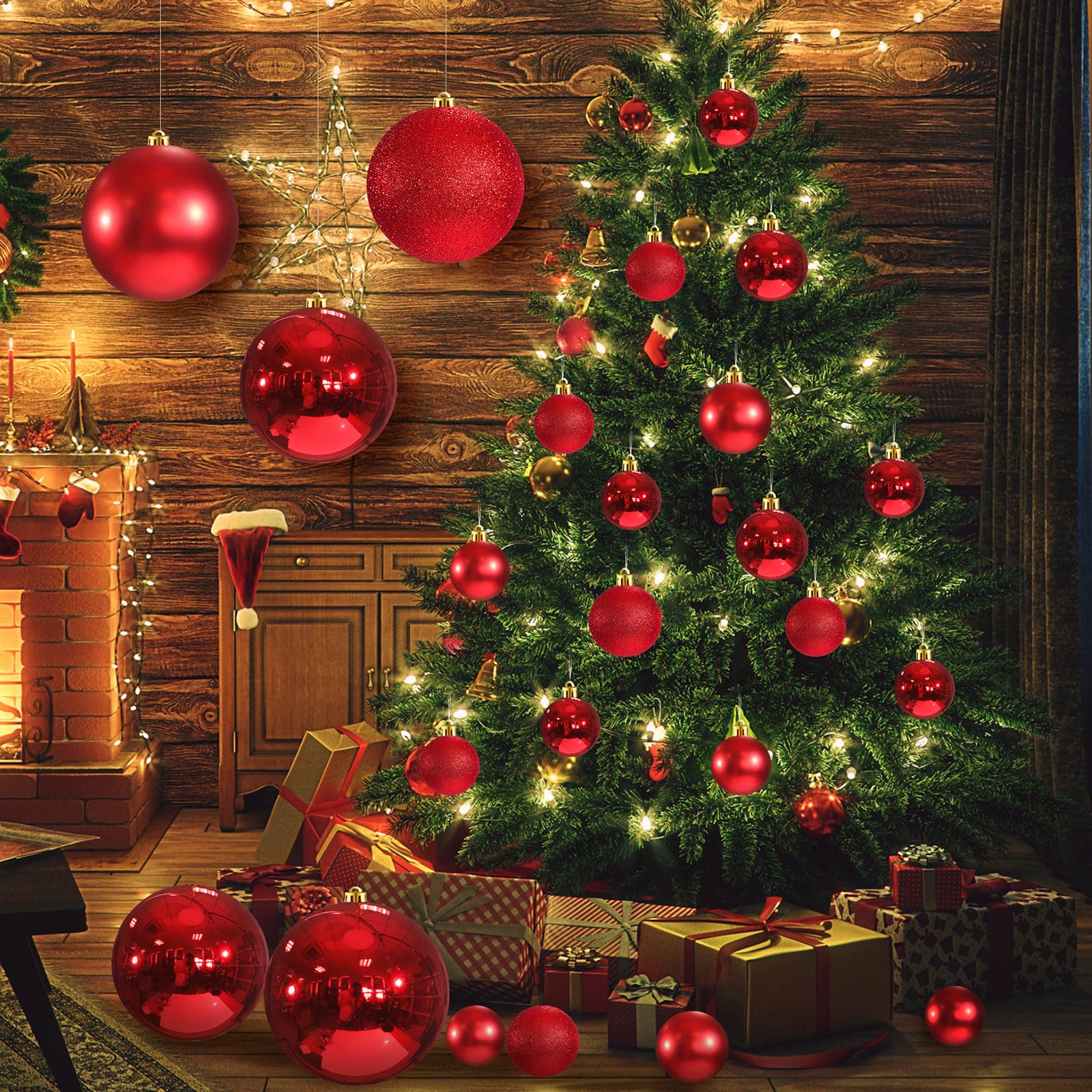 Marsui 24 Pcs Giant Christmas Balls Ornaments Extra Large Outdoor Red Christmas Ornament 8'' 6'' 3'' 2'' Large Xmas Balls Bulk P
