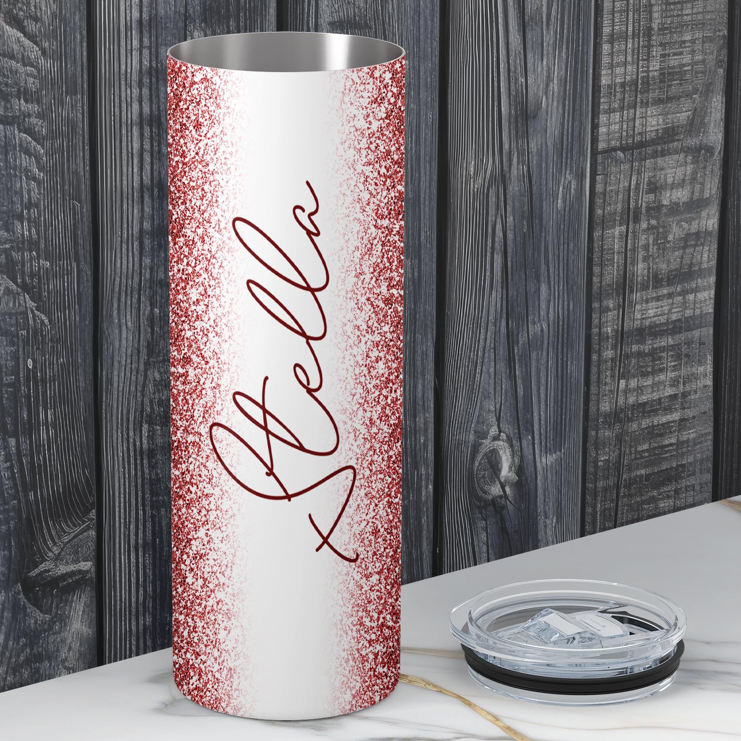 Personalized Tumblers With Straw And Lid Laser Engraved Name On Maroon Glitter 20 Oz Stainless Steel Skinny Custom Cups For Wome