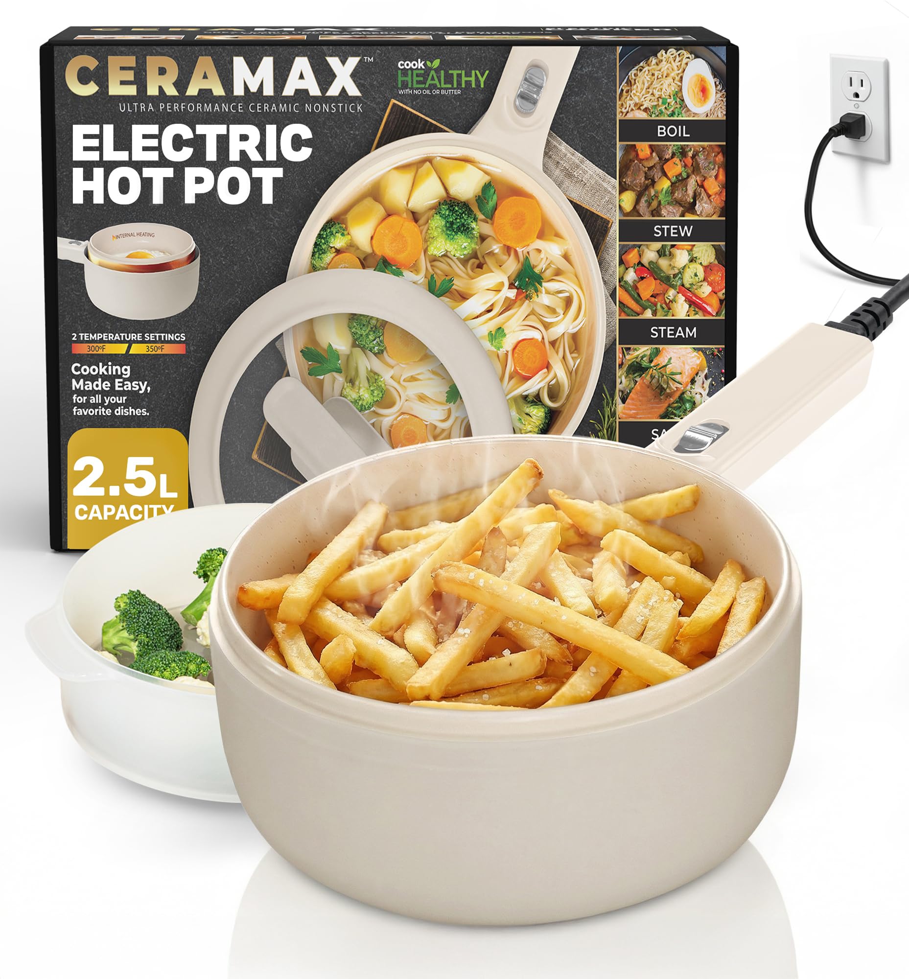 Ceramax PRO 2.5L Electric Hot Pot with Lid & Steamer, All in 1 Non Toxic Ceramic Cooker Skillet Hotpot and Deep Fryer Pot for Ra