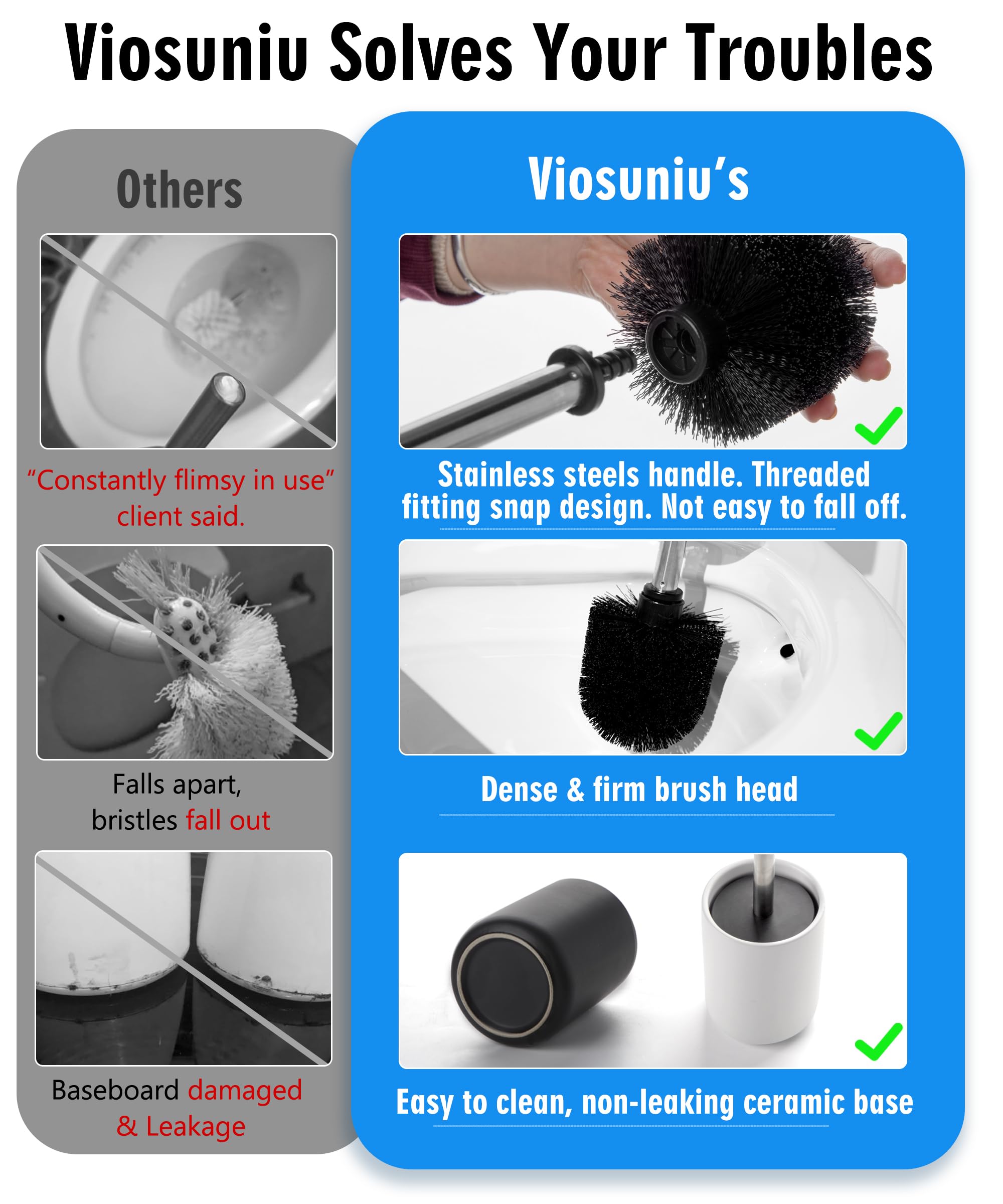Viosuniu Ceramic Toilet Brush And Holder Set -Freestanding Deep-Cleaning Toilet Bowl Cleaner Brush, Stainless Steel Handle, Smal