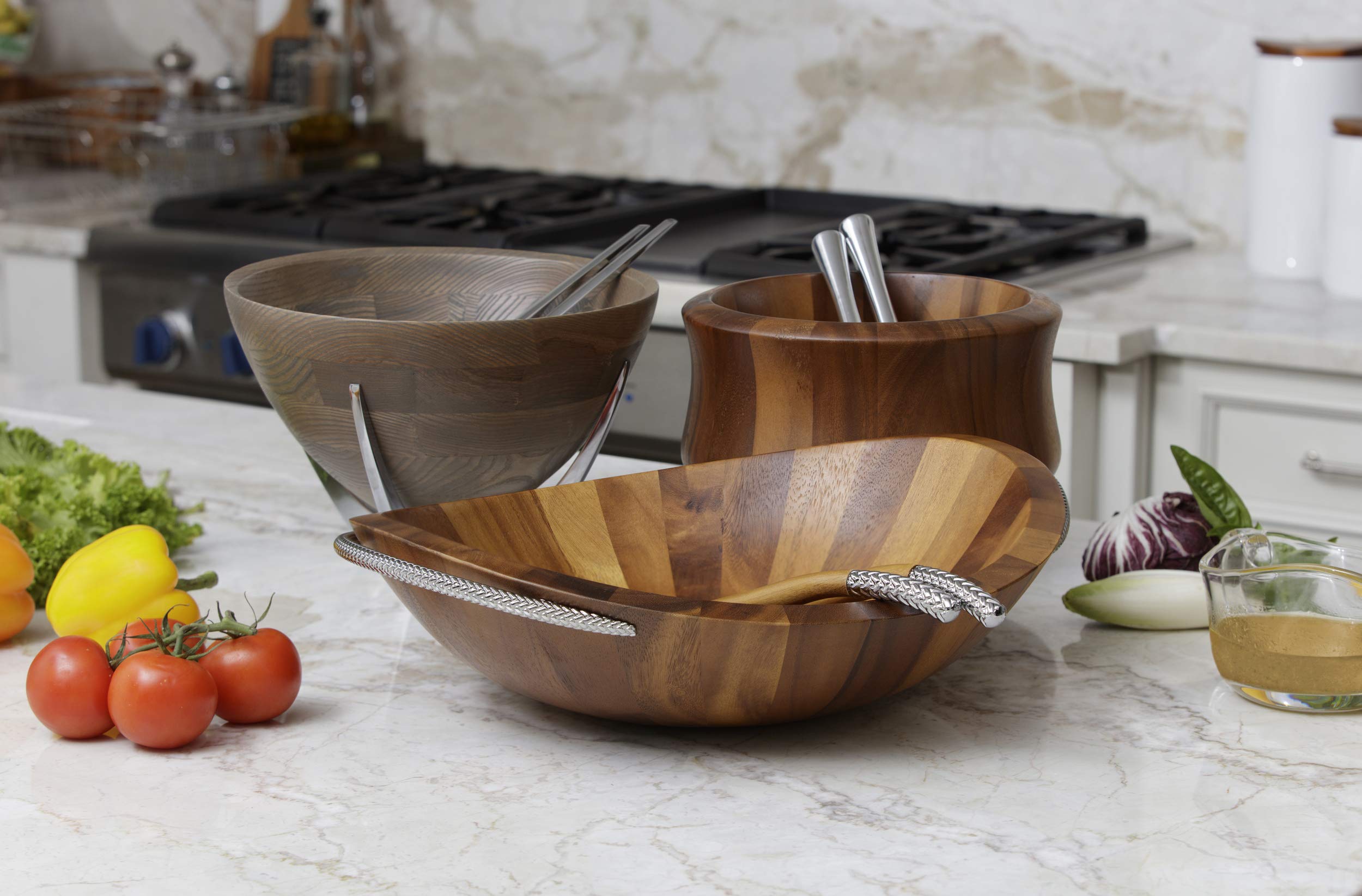 Nambe - Nara Collection Natural Acacia Wood Salad Bowl And Servers With Nambe Alloy Handles (10.5'' X 5.5'')