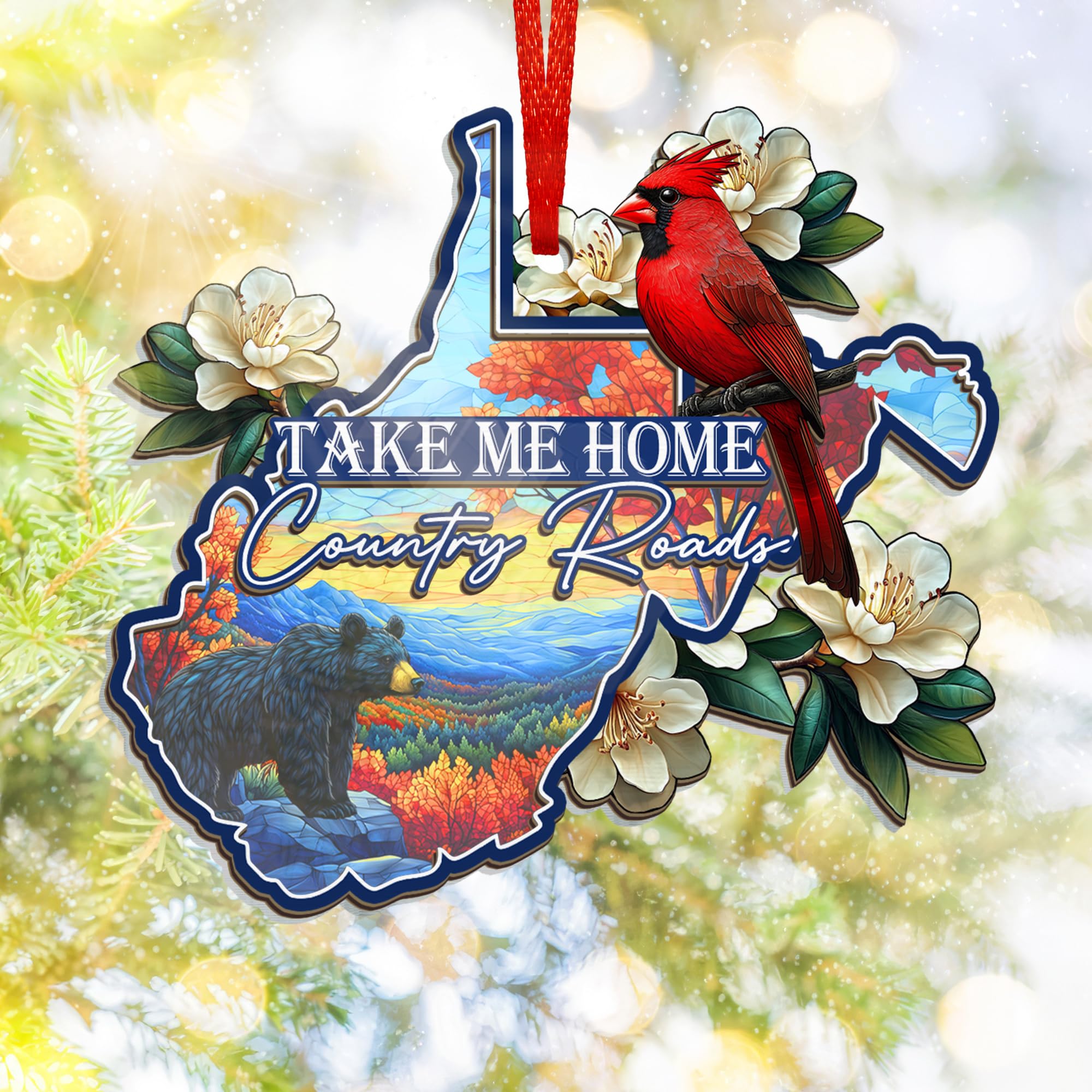 FLAGWIX West Virginia Gifts for Women Men - Suncatcher West Virginia Christmas Ornaments 2025 - Rhododendron Flower and Cardinal