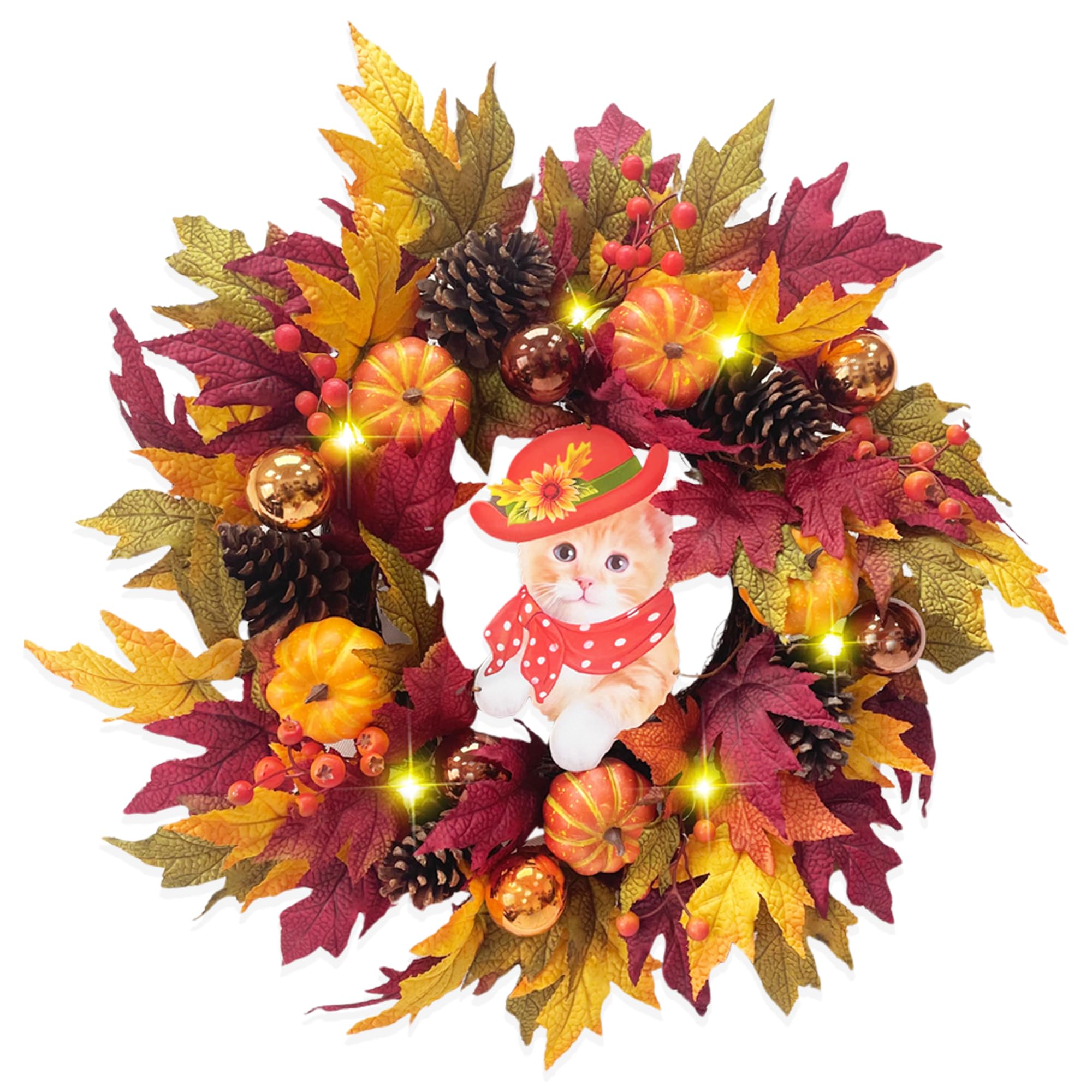 24 Fall Wreath with Pumpkins, Maple Leaves & Timer LED Lights - Autumn Front Door Wreath with Removable Cat Decor, Thanksgiving 