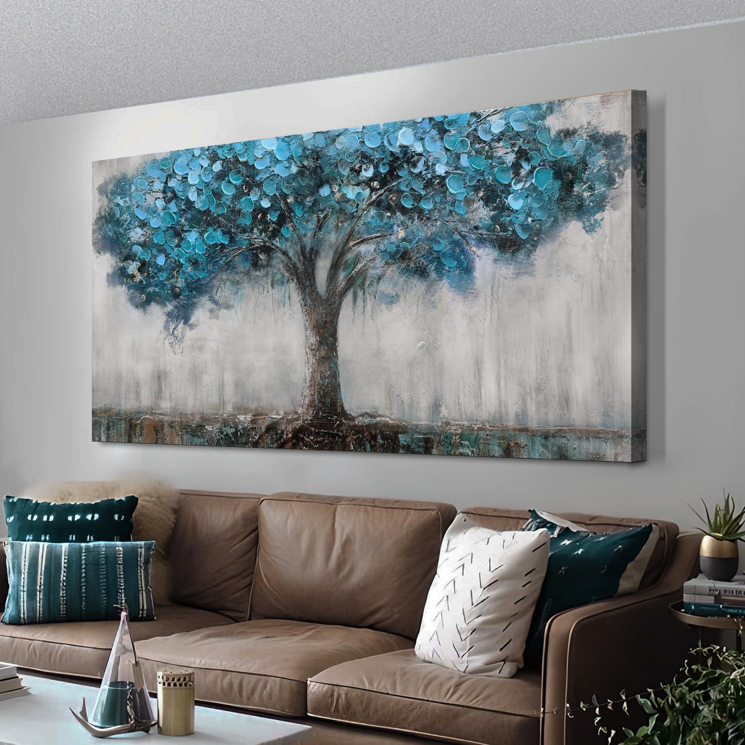 Anolyfi Wall Art Tree Abstract Canvas Picture Landscape Panoramic Blue Tree Painting For Living Room Large Decor, Textured Wrapp