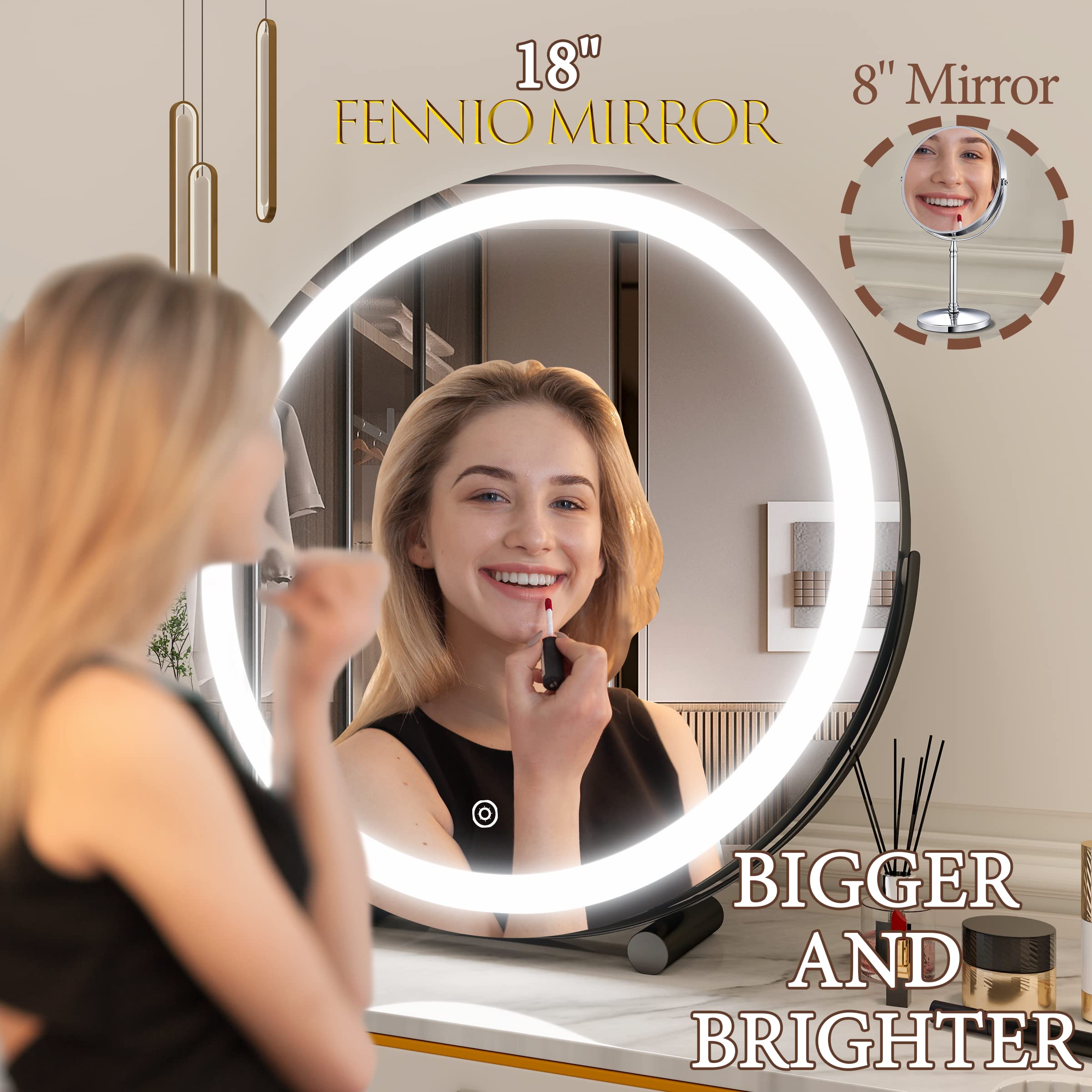 FENNIO 18 inch Large Vanity Mirror with Lights, Round LED Lighted Up Makeup Mirror, Large Makeup Mirror with Lights, Touch Scree
