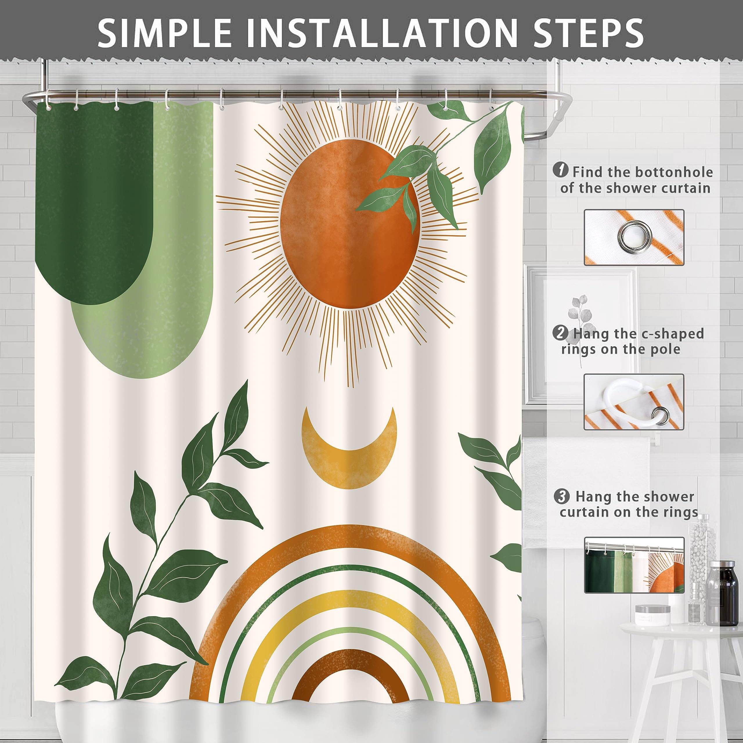 Ghroiep Mid Century Abstract Boho Aesthetic Shower Curtain Set, Spring Summer Green Nature Leaf Sun Modern Minimalist Home Bathr