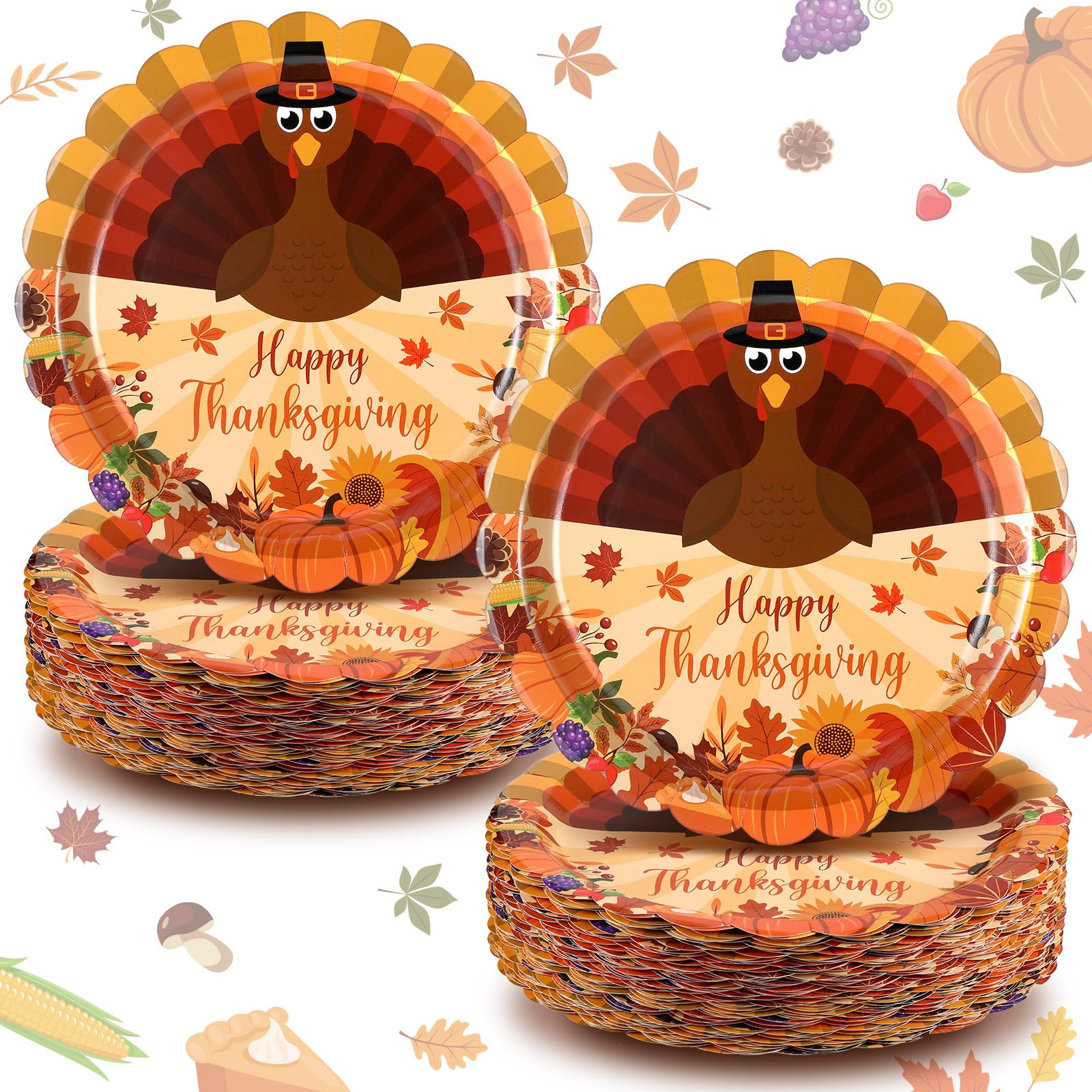 Fourluoo 96 Pcs Thanksgiving Turkey Paper Plates Disposable 9 Inch Turkey Plates for Thanksgiving Fall Party Birthday Party Deco