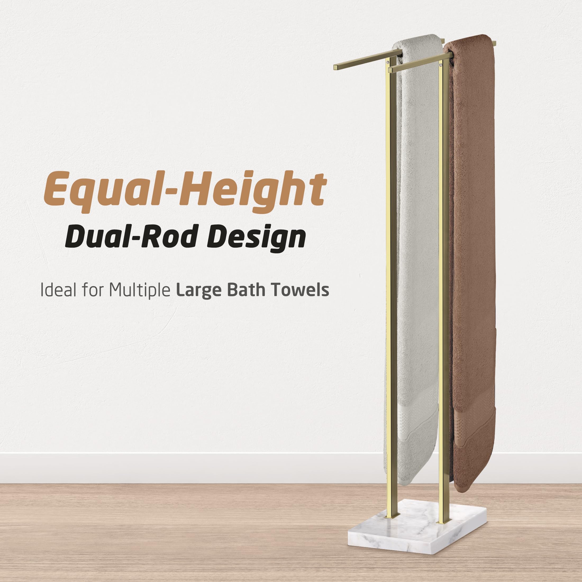 Kes Standing Towel Rack With Marble Base, 37'' H (Equal Height) Gold Towel Rack For Bathroom Floor, Towel Rack Stand Fits Large
