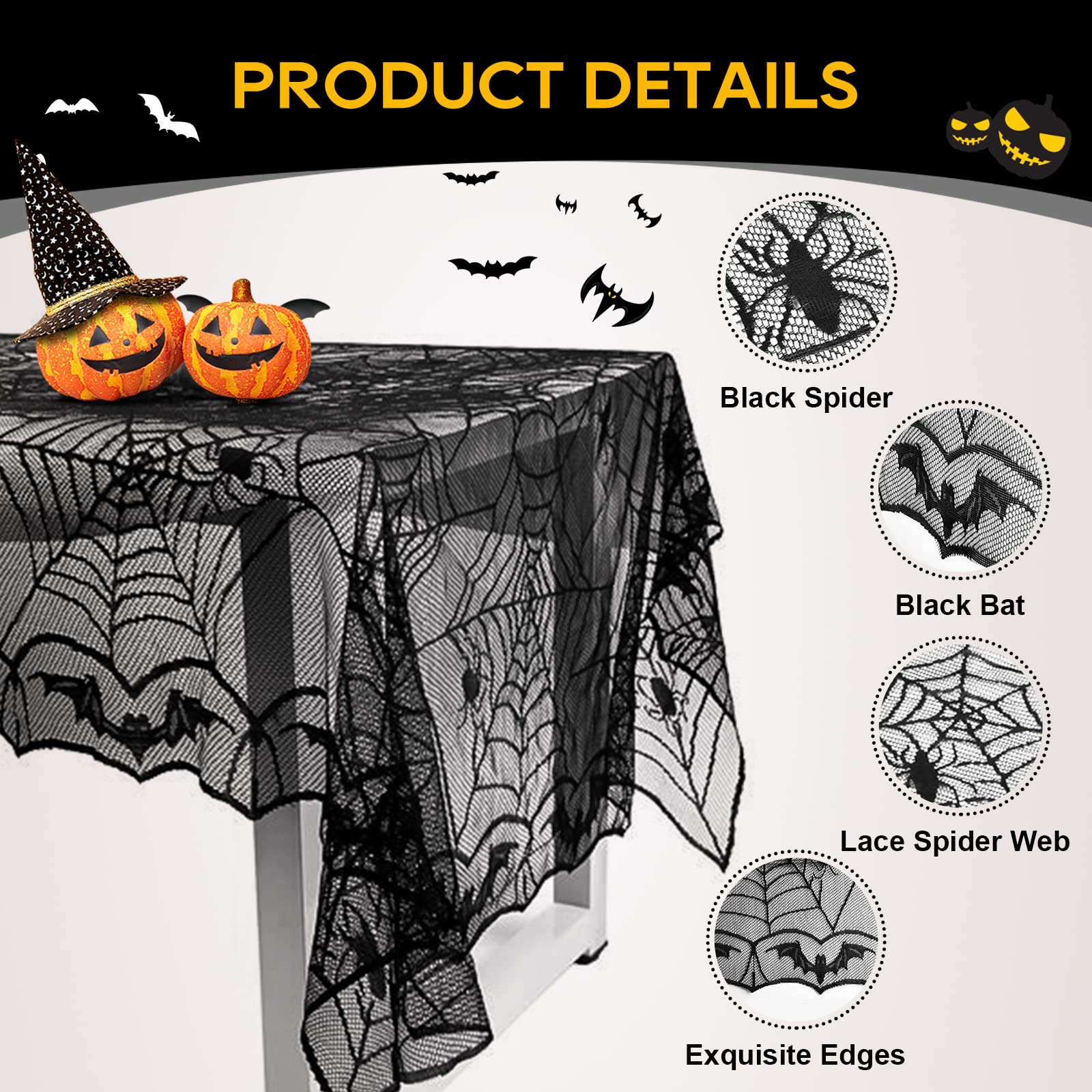 Ezakka Halloween Table Cloth, Spider Web Table Cloth Black Tablecloth Lace Fabric Table Cloths Halloween Table Cover For Rectang