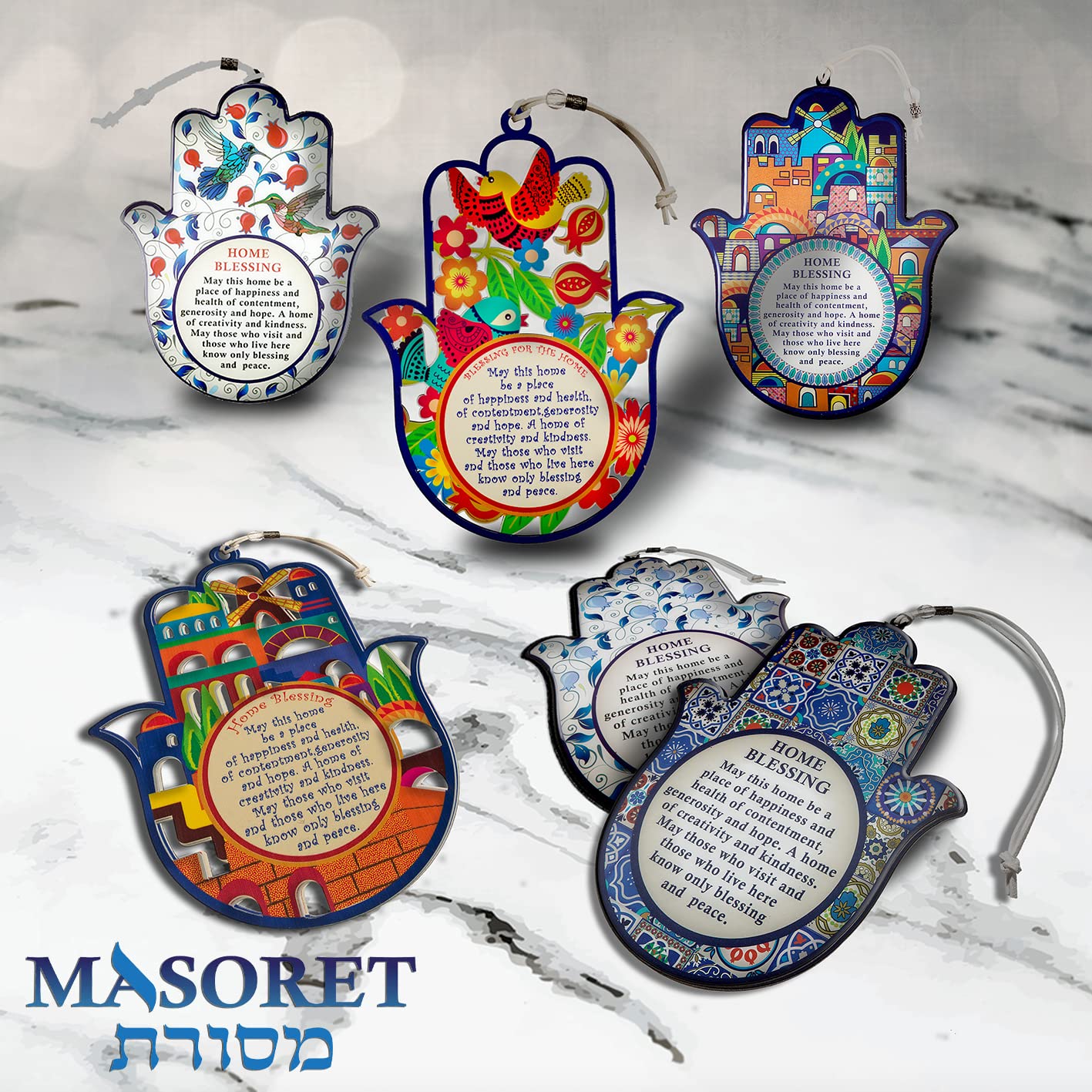 MASORET Good Luck Hamsa Hand Wall Hanging Decor Home Blessing Evil Eye Protection Amulet Hebrew Blessing Set 5