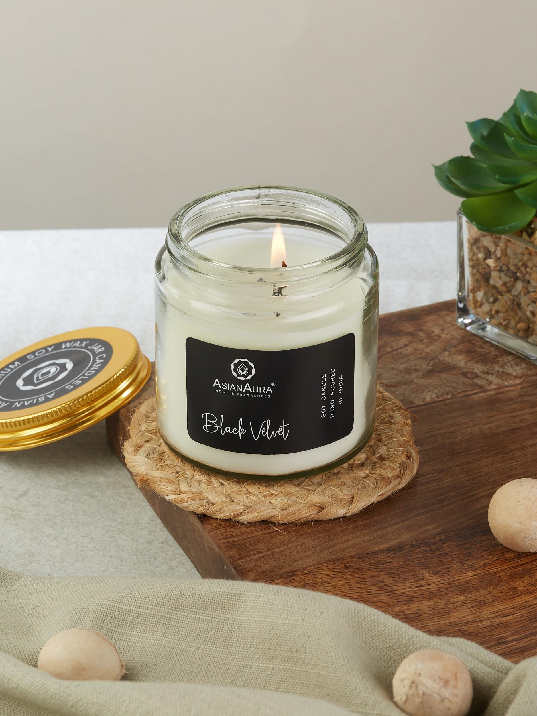 Asian Aura Scented Glass Jar Candle - 450g (Gross Wt.) - Black Velvet |36 Hours Burn Time |Smoke-Free Aroma Candle for Home Frag