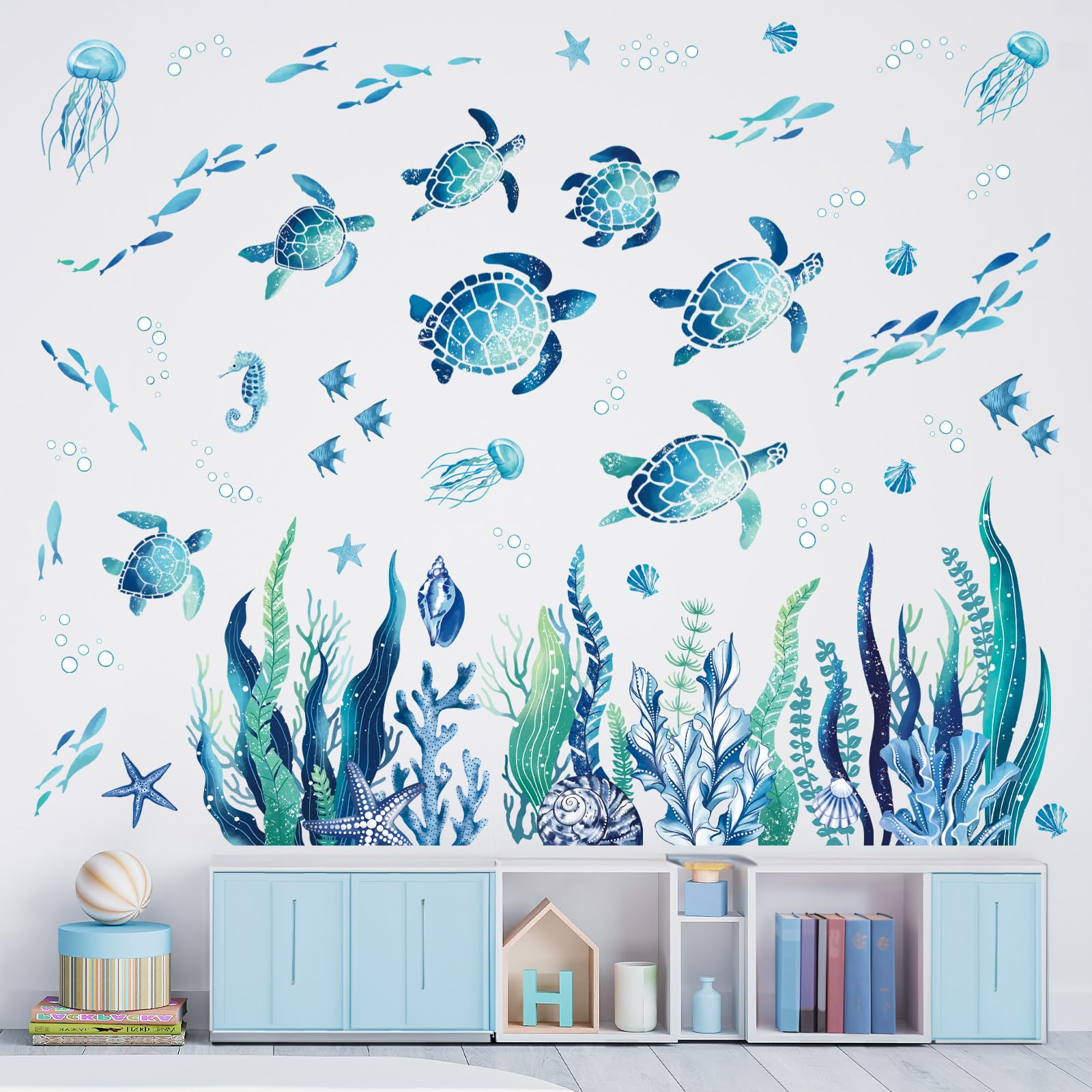 Decalmile Under The Sea Seaweed Wall Decals Sea Turtle Ocean Grass Jellyfish Wall Stickers Baby Nursery Bedroom Bathroom Wall De