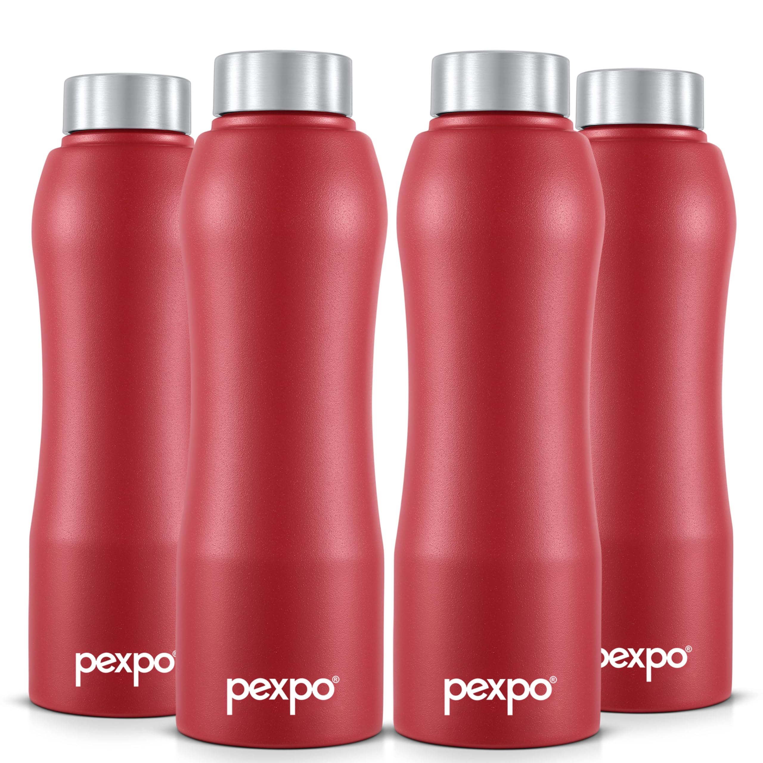 Pexpo Bistro Isi Certified Stainless Steel Fridge/Sports Water Bottle 1 Litre, Crimson Red, Pack Of 4| Single Walled|Easy Grip|L