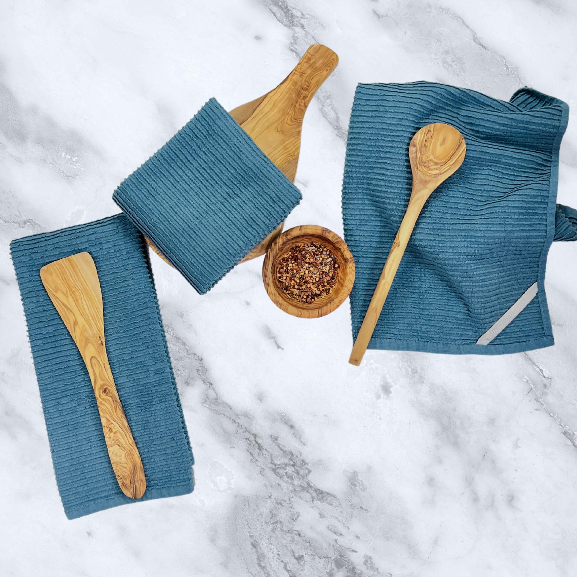 Teal Blue Kitchen Dish Hand Towels 100% Cotton Cloth Soft Cleaning Drying Absorbent Terry Ribbed Loop: Set Of 3 Multipurpose For