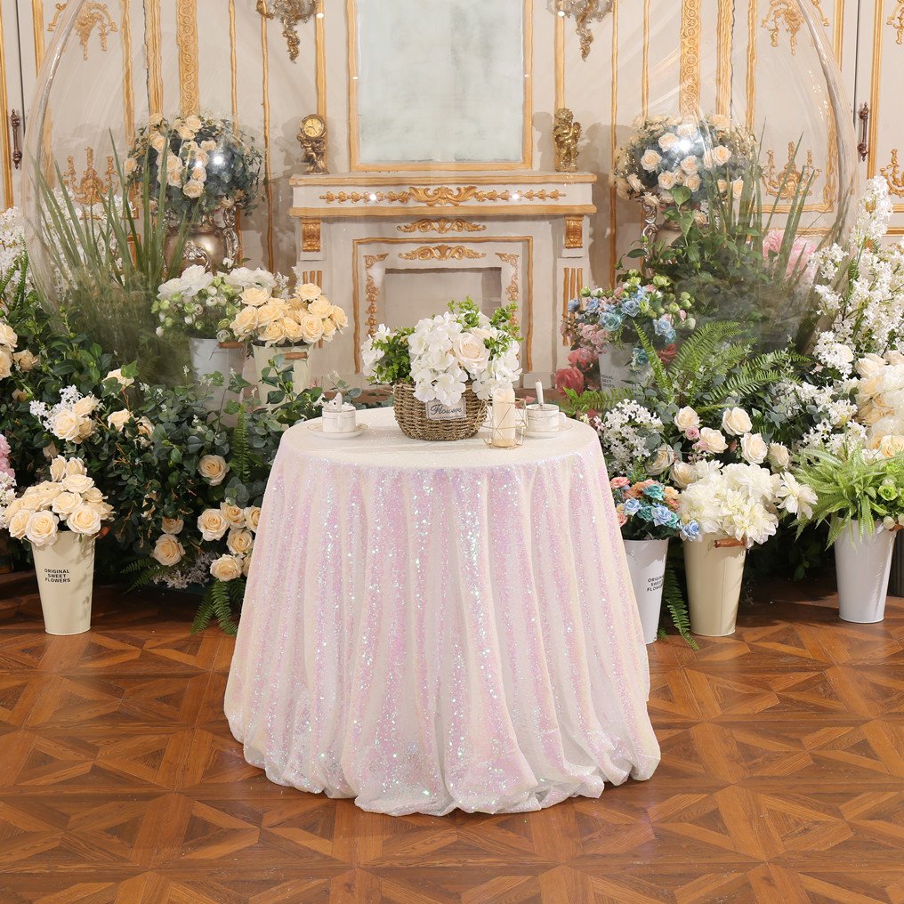 Partydelight Sequin Tablecloth Round 70'' Iridescent White Sparkle Rectangle Table Cloth For Wedding Birthday Party Sequin Overl