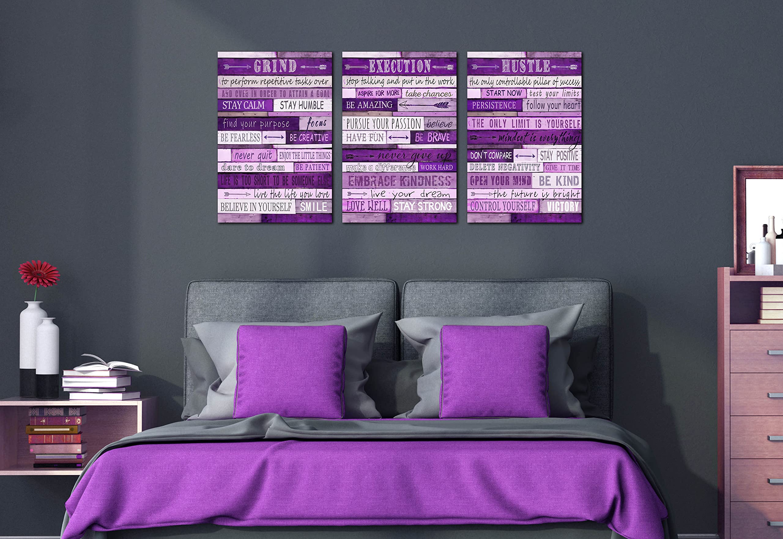 Purple Room Decor for Women - Motivational Inspirational Quotes Wall Art for Office - Large Canvas Wall Art Ready to Hang Size 16'' x 24'' x 3 Pieces
