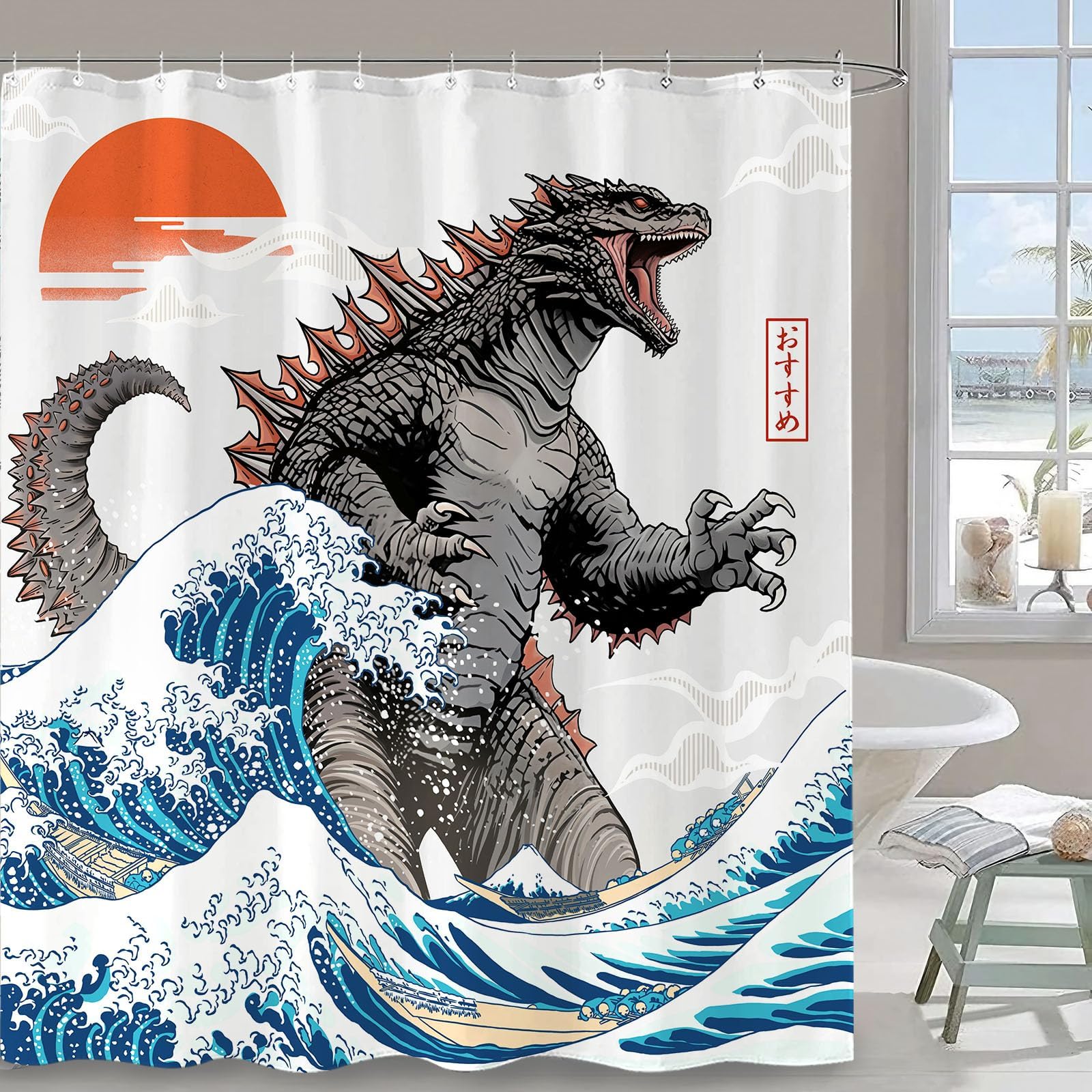 Wegklazax Dinosaur Shower Curtain, 72"x72", Polyester, Japanese Monster, Includes 12 Hooks, Funny Ocean Wave Design